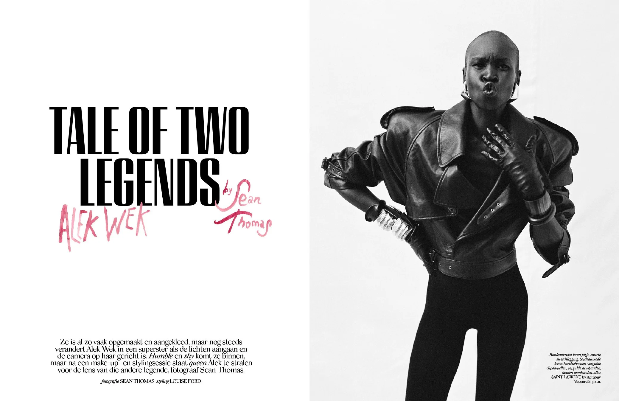  Opening Vogue Netherlands editorial spread with Alek Wek, a typographic title and black-and-white fashion portrait by Sean Thomas. 