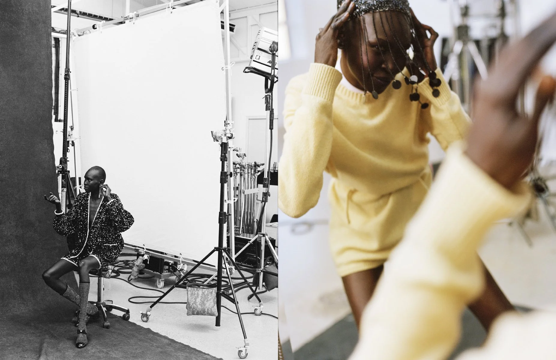  Alek Wek in a yellow look on the studio set for Vogue Netherlands, photographed by Sean Thomas. 