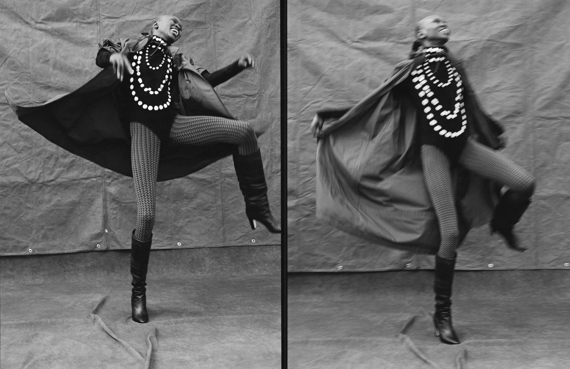  Two black-and-white fashion portraits of Alek Wek in expressive poses for Vogue Netherlands, photographed by Sean Thomas. 