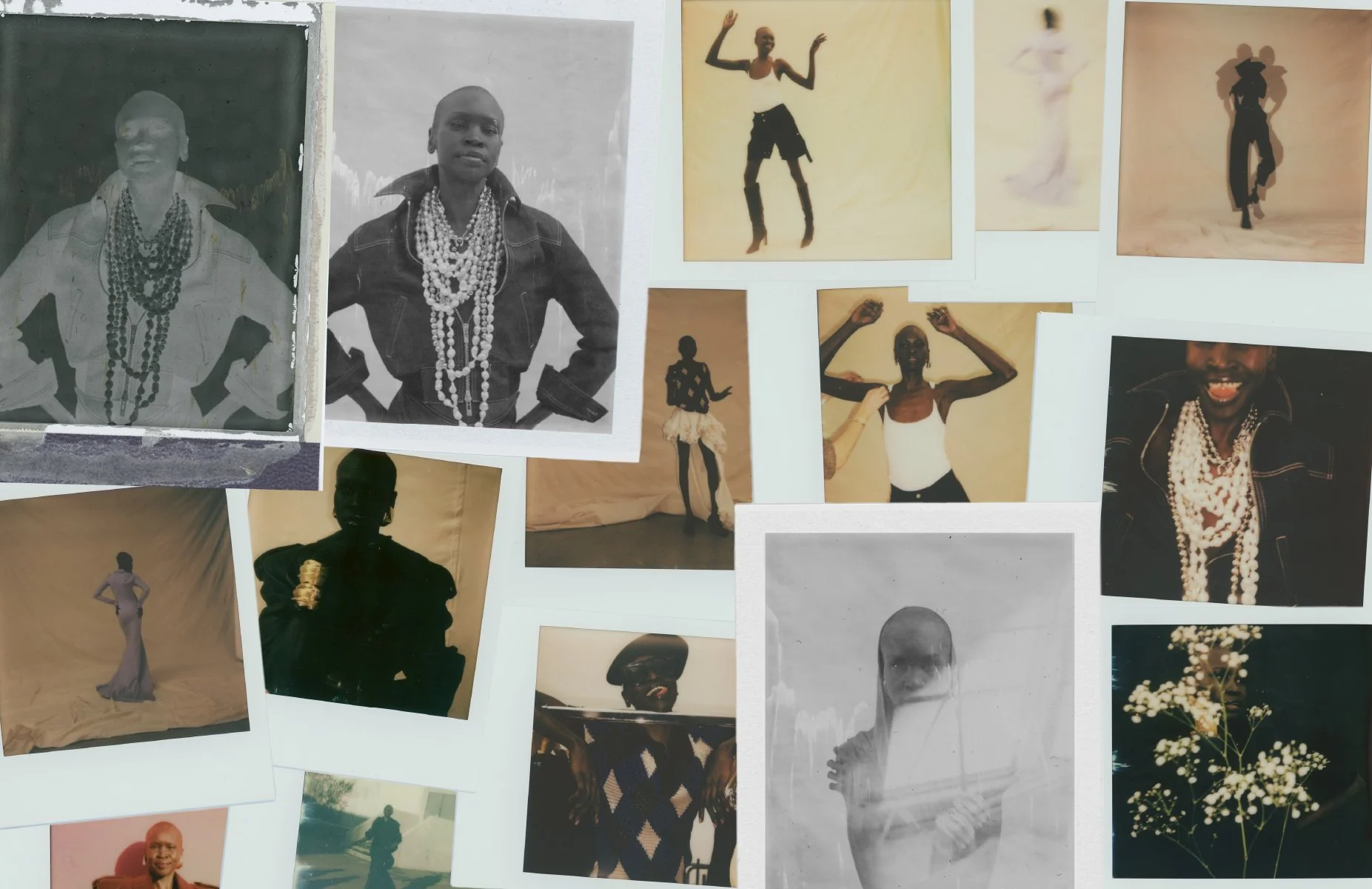  A contact-sheet arrangement of Alek Wek portraits and fashion frames from Sean Thomas’s Vogue Netherlands story. 