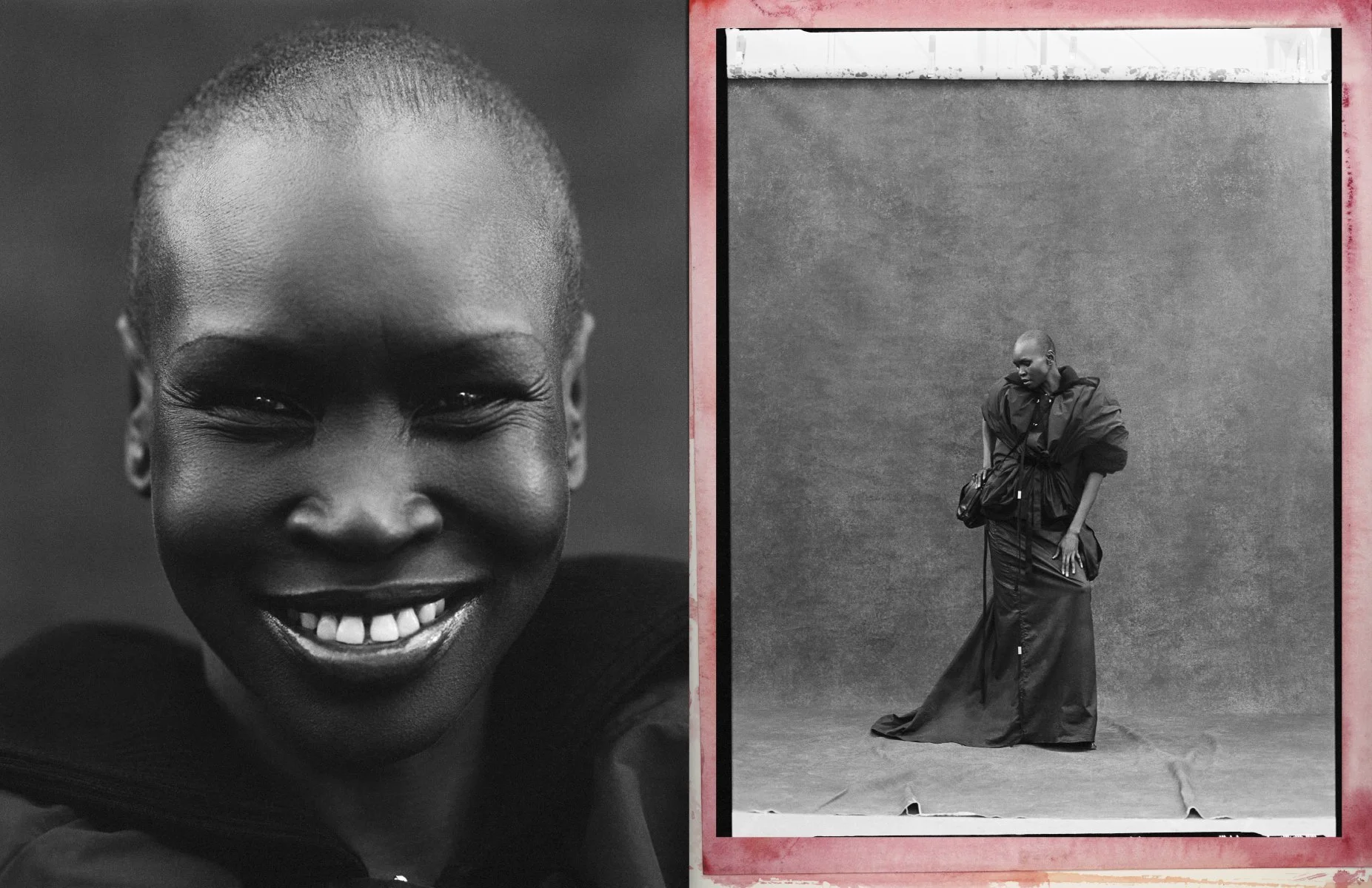  A smiling close-up of Alek Wek paired with a pink-framed full-length portrait for Vogue Netherlands by Sean Thomas. 