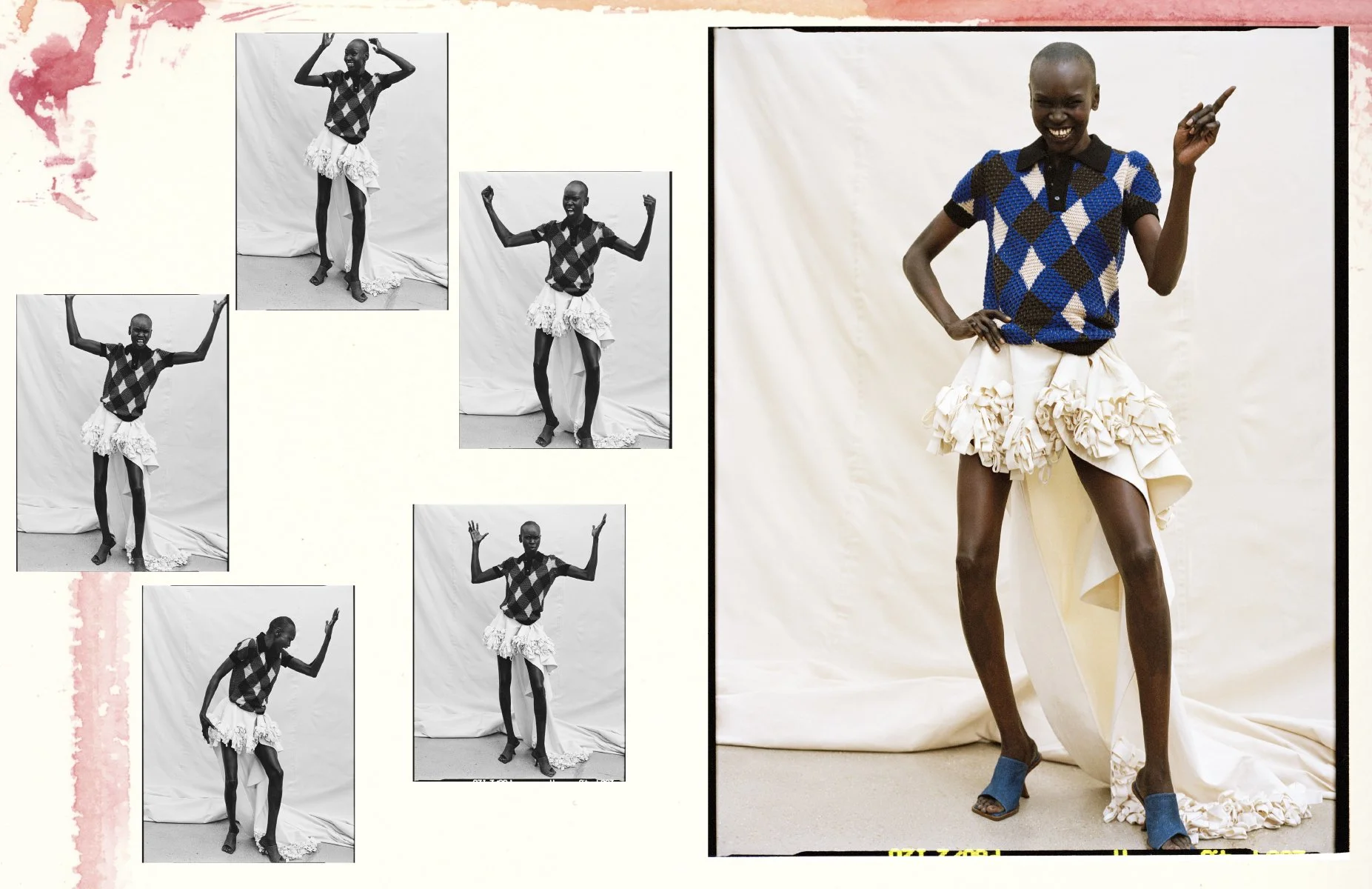  Editorial layout with Alek Wek in a vivid blue look and smaller portrait studies, photographed by Sean Thomas for Vogue Netherlands. 