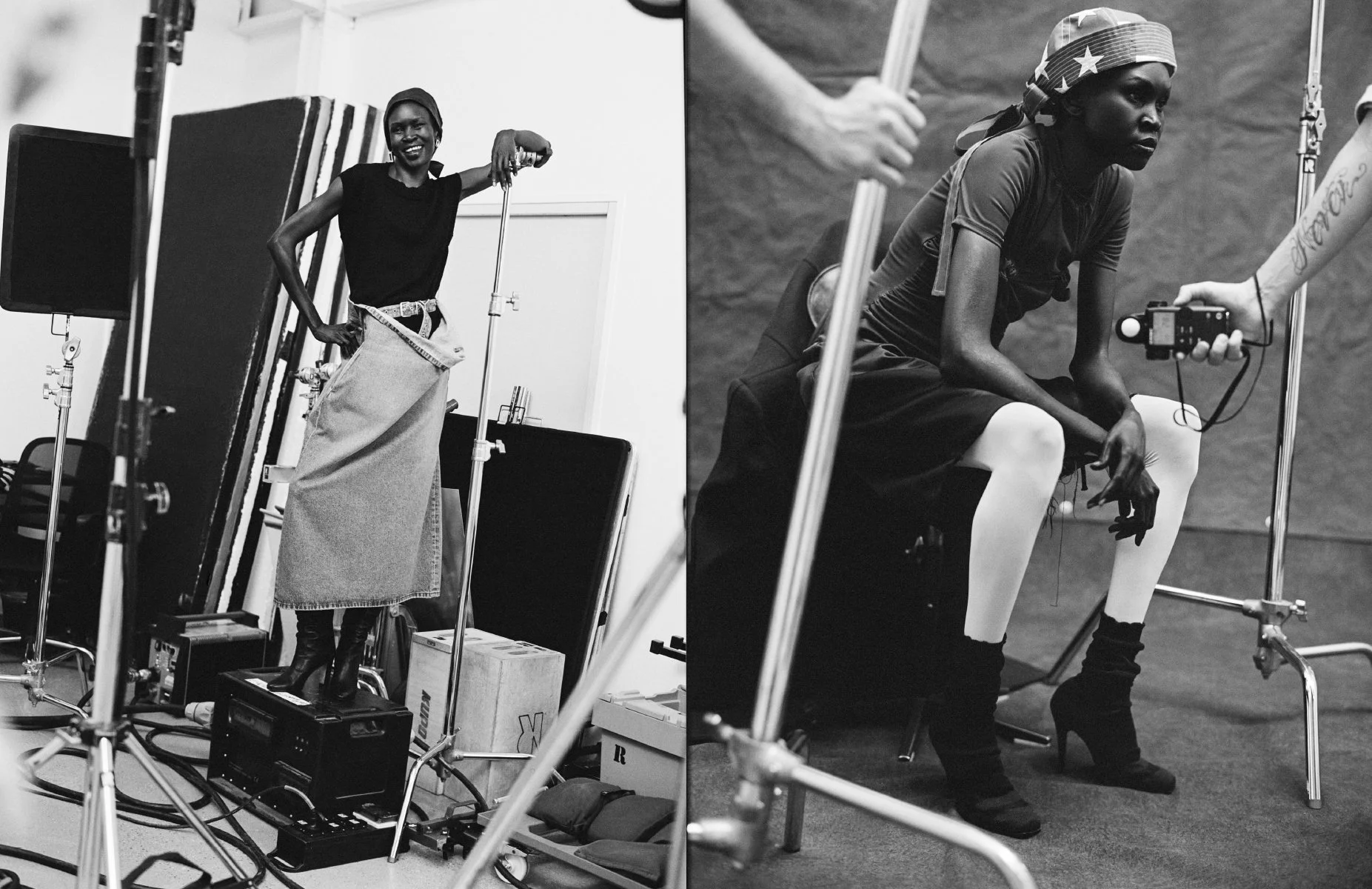  Black-and-white studio photographs of Alek Wek on set for Vogue Netherlands, photographed by Sean Thomas. 