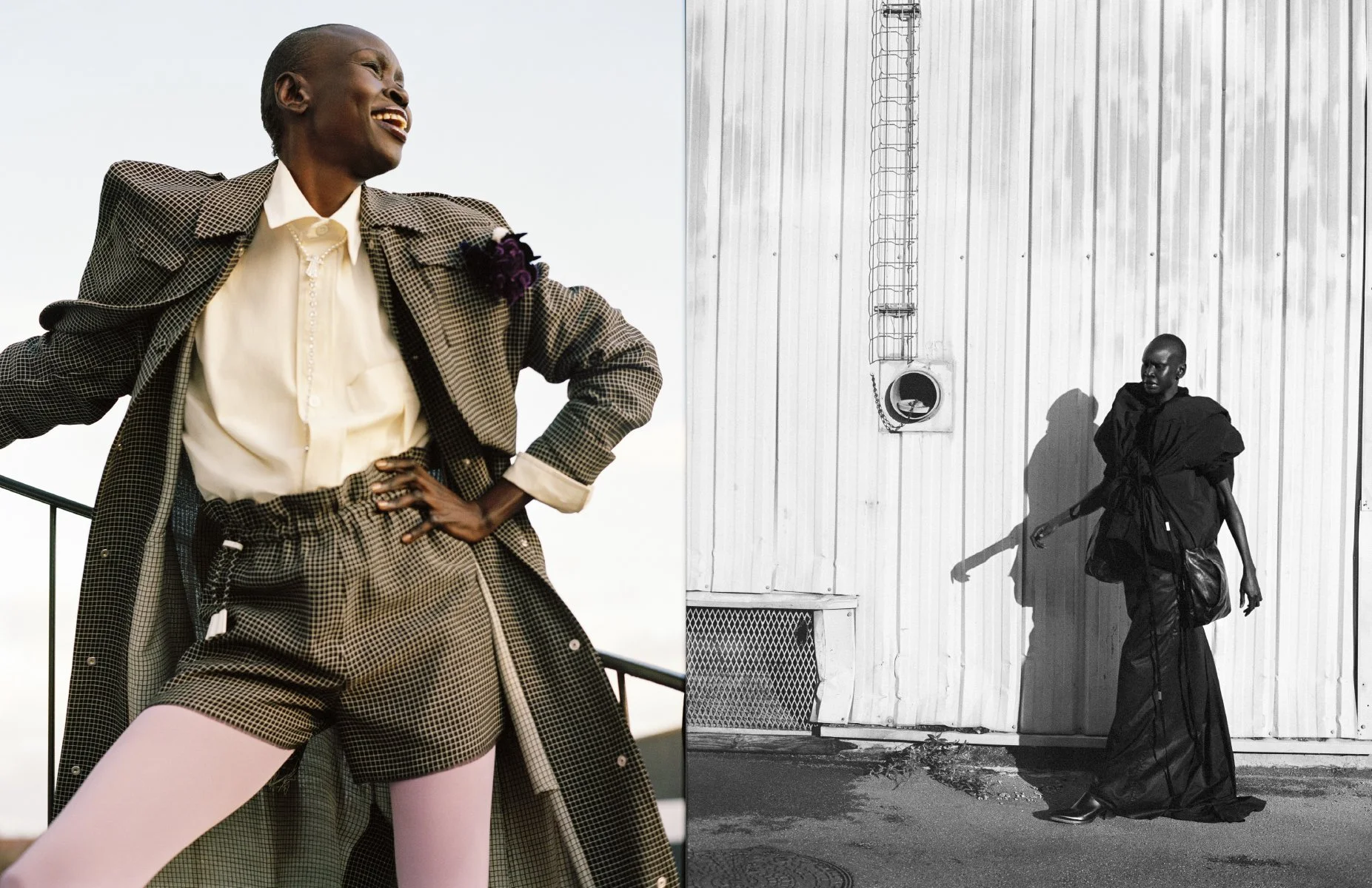  Alek Wek in a tailored fashion look beside a black-and-white studio frame for Vogue Netherlands by Sean Thomas. 