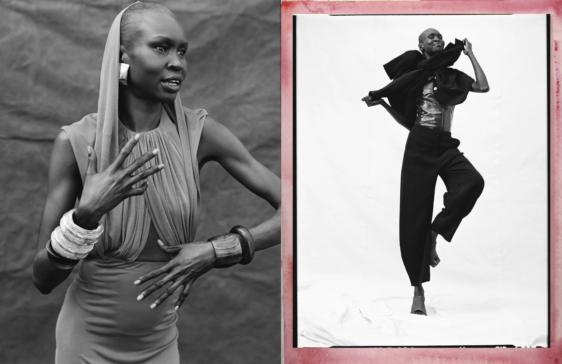  Black-and-white portrait of Alek Wek paired with a dynamic full-length fashion pose, photographed by Sean Thomas for Vogue Netherlands. 