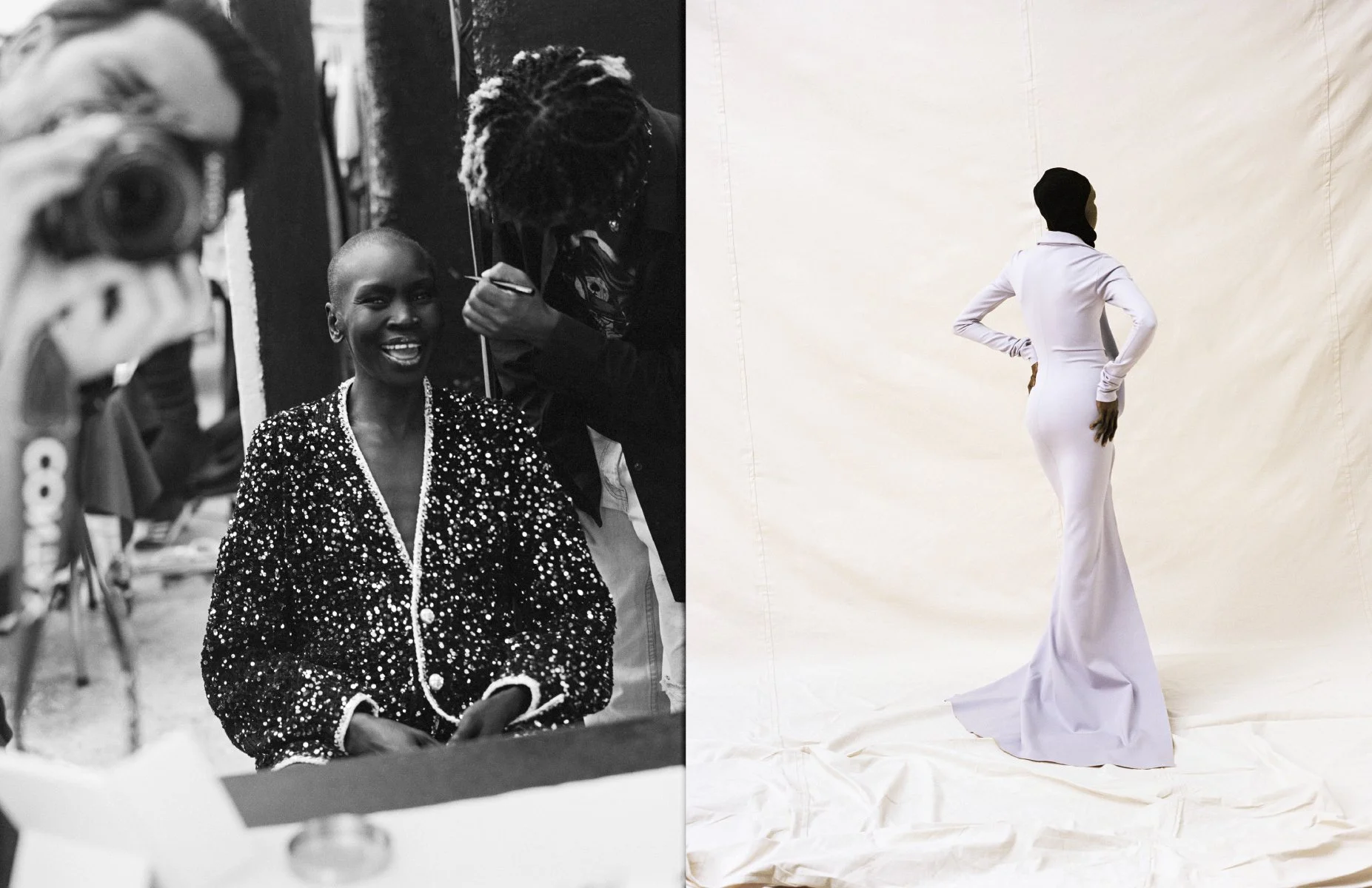  Behind-the-scenes portrait and a pale fashion look from Alek Wek’s Vogue Netherlands story, photographed by Sean Thomas. 
