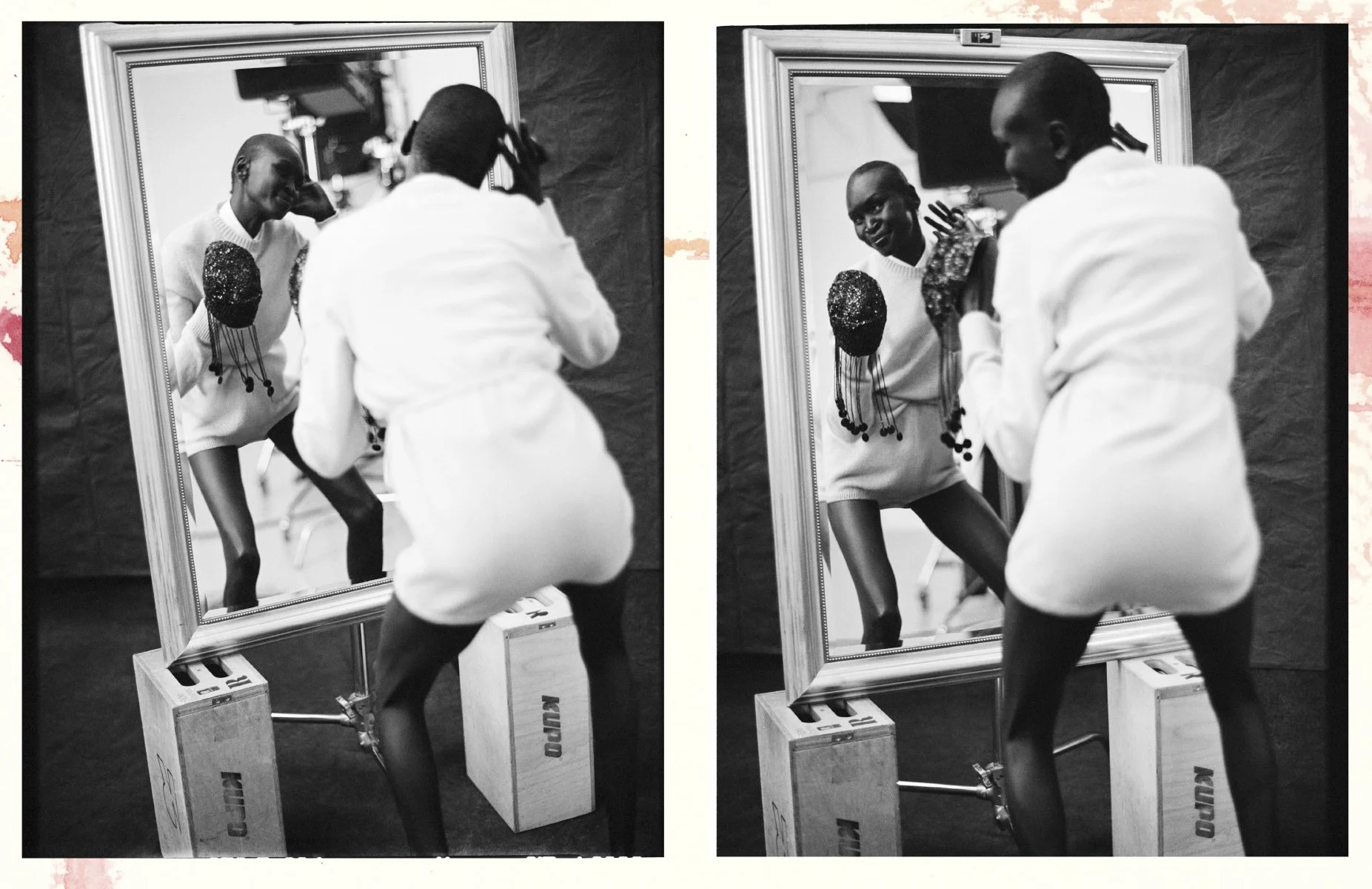  Two black-and-white seated portraits from Alek Wek’s Vogue Netherlands editorial, photographed by Sean Thomas. 