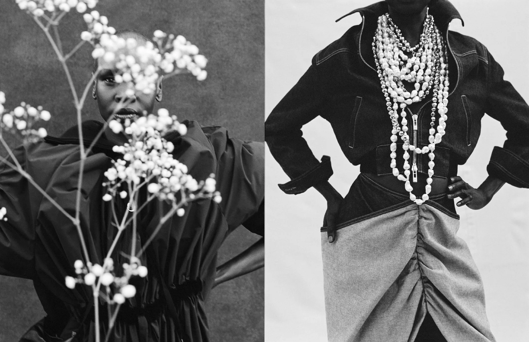  A floral study paired with a black-and-white fashion portrait of Alek Wek for Vogue Netherlands by Sean Thomas. 
