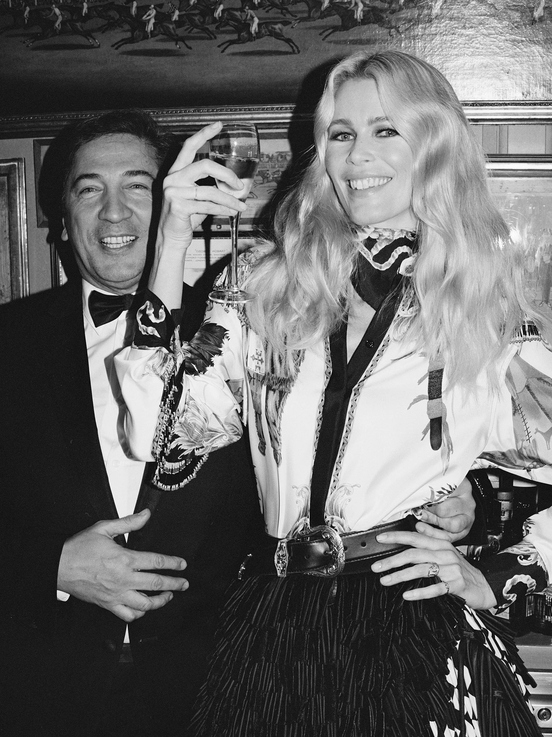  Claudia Schiffer at Annabel’s for British Vogue’s “Queen of the Night” Versace story, photographed by Sean Thomas and styled by Jack Borkett, April 2018. 