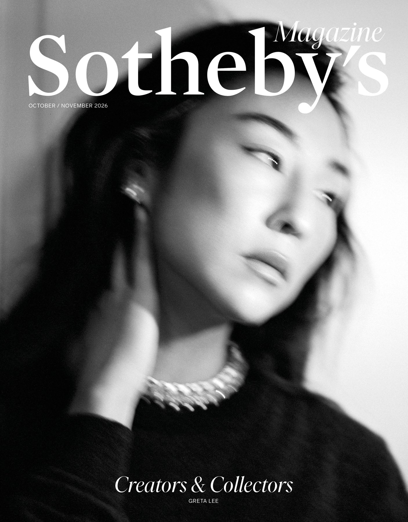  Greta Lee photographed by Sean Thomas for the October–November 2026 cover of Sotheby’s Magazine, styled by Geraldine Saglio. 