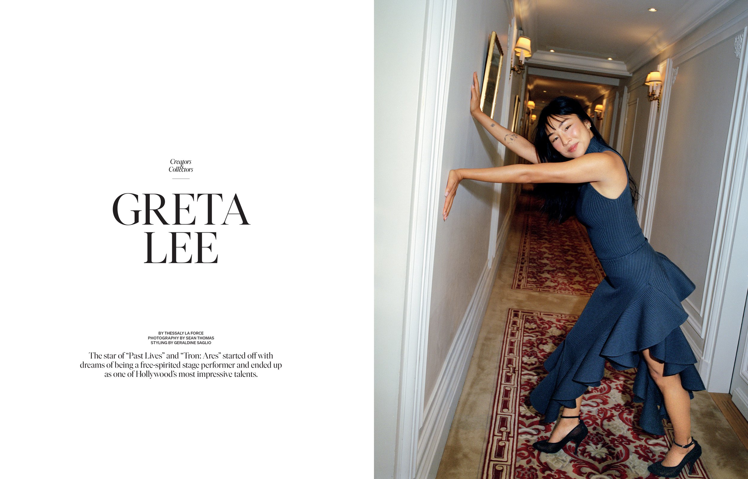  Greta Lee in a sculptural blue dress for Sotheby’s Magazine’s Creators &amp; Collectors issue, photographed by Sean Thomas and styled by Geraldine Saglio. 