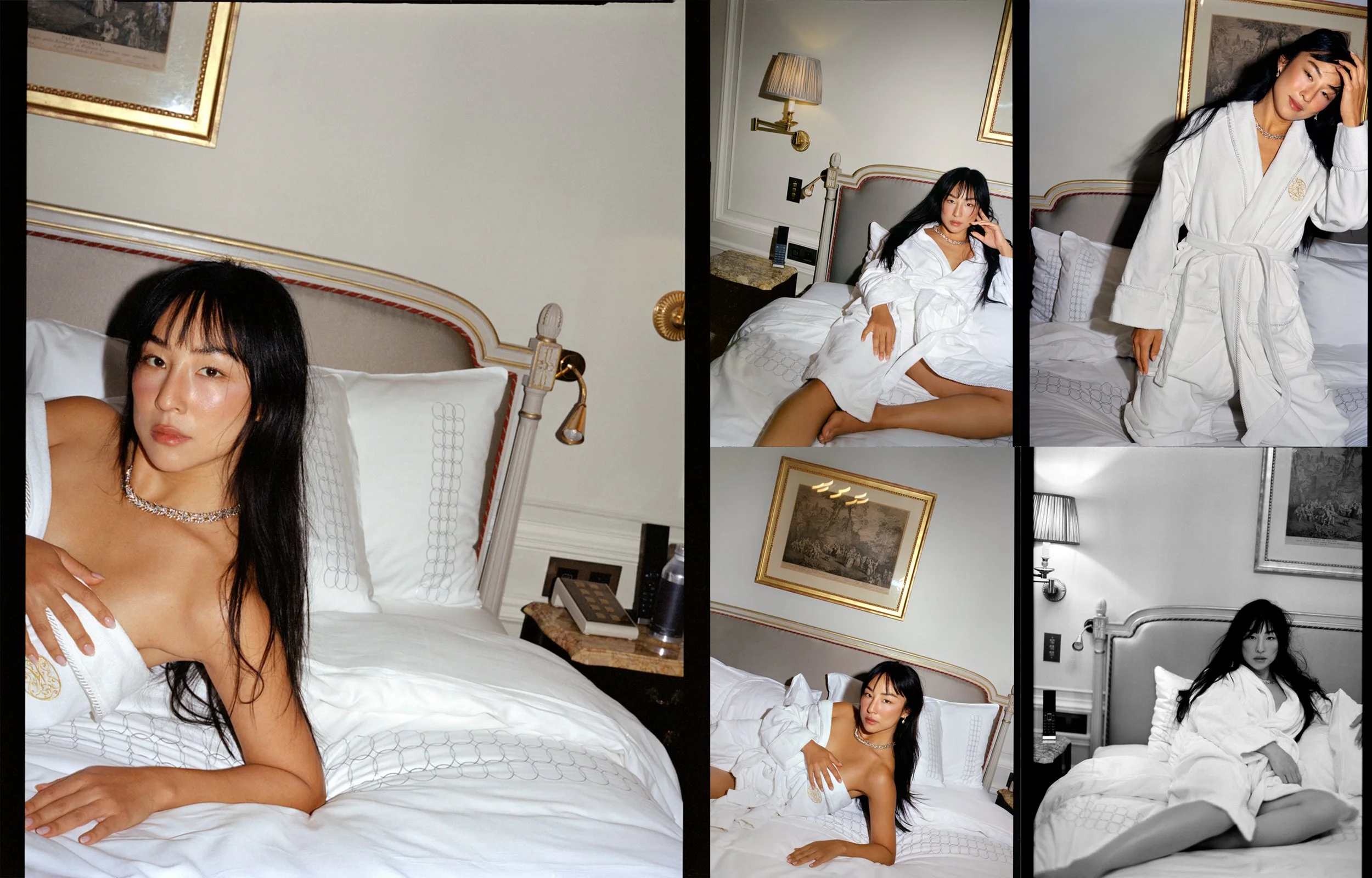  Greta Lee in a white robe and jewelry in a hotel-room portrait series, photographed by Sean Thomas for Sotheby’s Magazine and styled by Geraldine Saglio. 