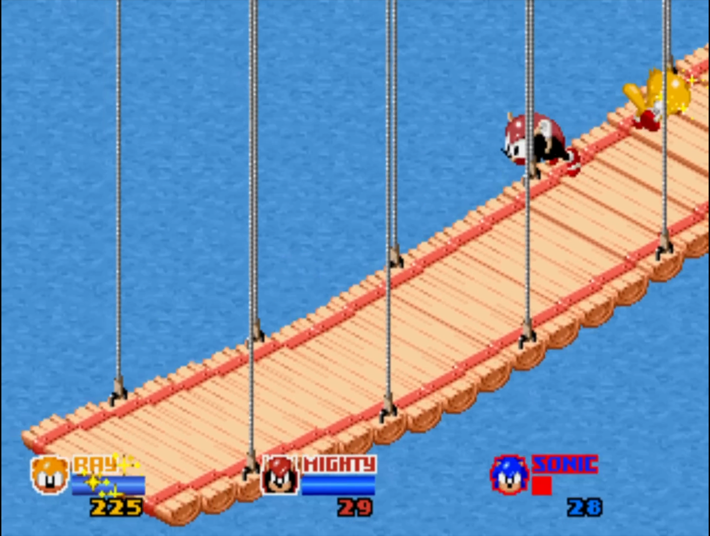 Sonic, Mighty and Ray in three-player SegaSonic the Hedgehog gameplay.