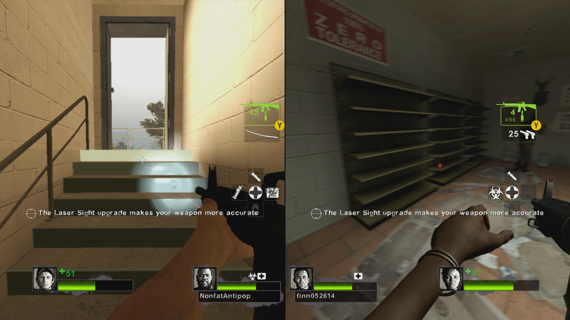 Both players and HUDs in Left 4 Dead 2 split-screen gameplay