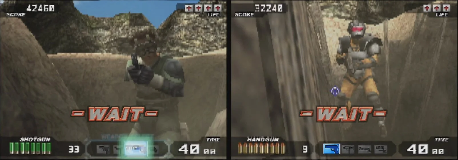 Both co-op views of Time Crisis 3 gameplay from Classic Co-op’s PS2 video
