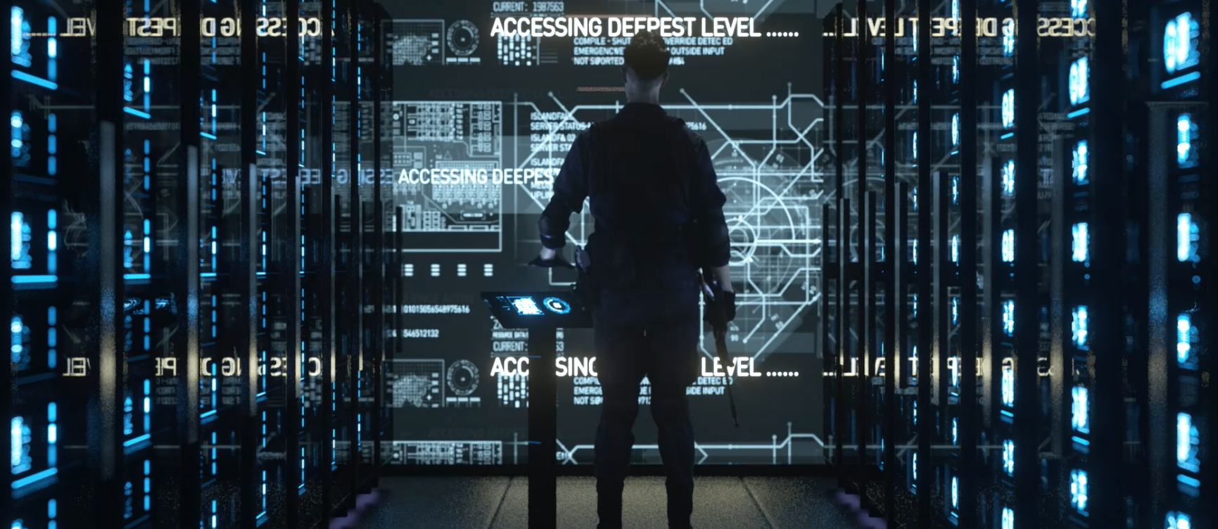 Beside the actor, the rest of the ‘Server Room’ scene was shot on a green screen and totally designed in Cinema 4D and Octane.