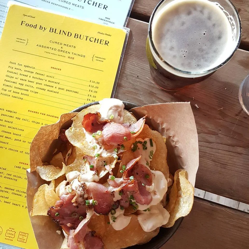 Chips with warm beer goat cheese, and goat pastrami. They had me at "goat Pastrami."