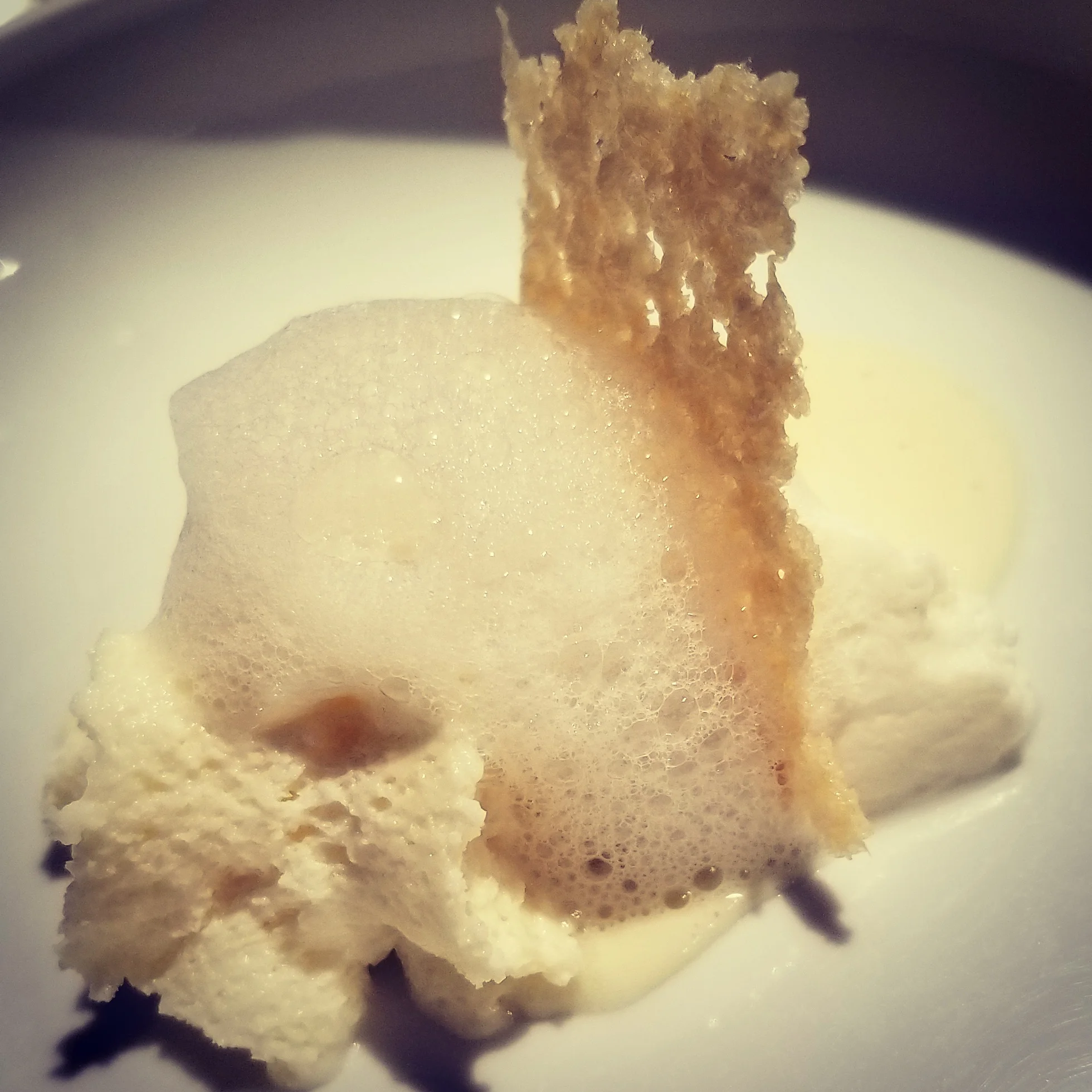  "Five ages of Parmigianno Reggiano in different textures and temperatures." Demi-soufflé of 24-month, sauce of 30-month, foam of 36-month, wafer of 40-month, and "air" of 50-month Parmigiano Reggiano cheese.