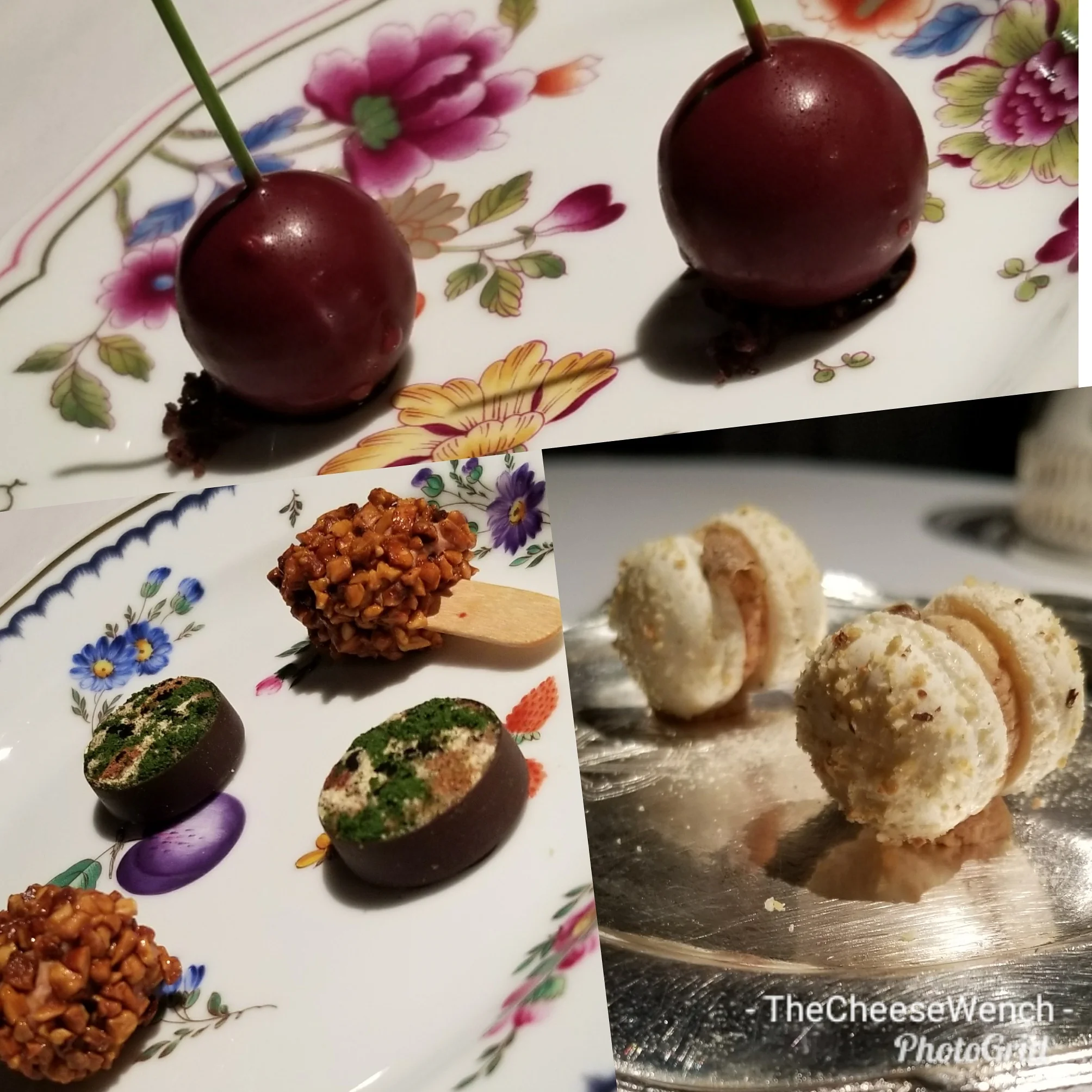 A tribute to nearby Vignola, the "cherry capital of Italy. Foie gras on a stick with a heart of aged balsamic vinegar, and coated with Sicilian almonds and hazelnuts from Piedmont. A beautiful and surprising bite that combines savory and sweet, as hare with powdered vegetables and herbs meets chocolate and foie gras. Macarons of foie gras and truffles. 