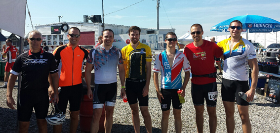 The Riders: Steve Kerfoot (3rd from the left), M&I Grad Students Brennan Dirk (2nd from left), Aaron Johnson (middle), Mark Trinder, and Joe Zeppa (right), and friends of the department Andrew Hayward (left) and Eric Williams (3rd from right).