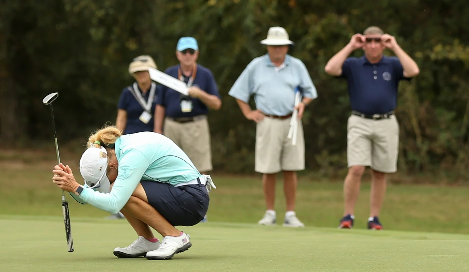 Mary Jane Hiestand, the U.S. Women's Mid-Amateur runner-up, reacts to a putt at Champions Golf Club in Houston. The 58-year-old very nearly played herself into the U.S. Women's Open -- a new perk at this year's championship. USGA photo