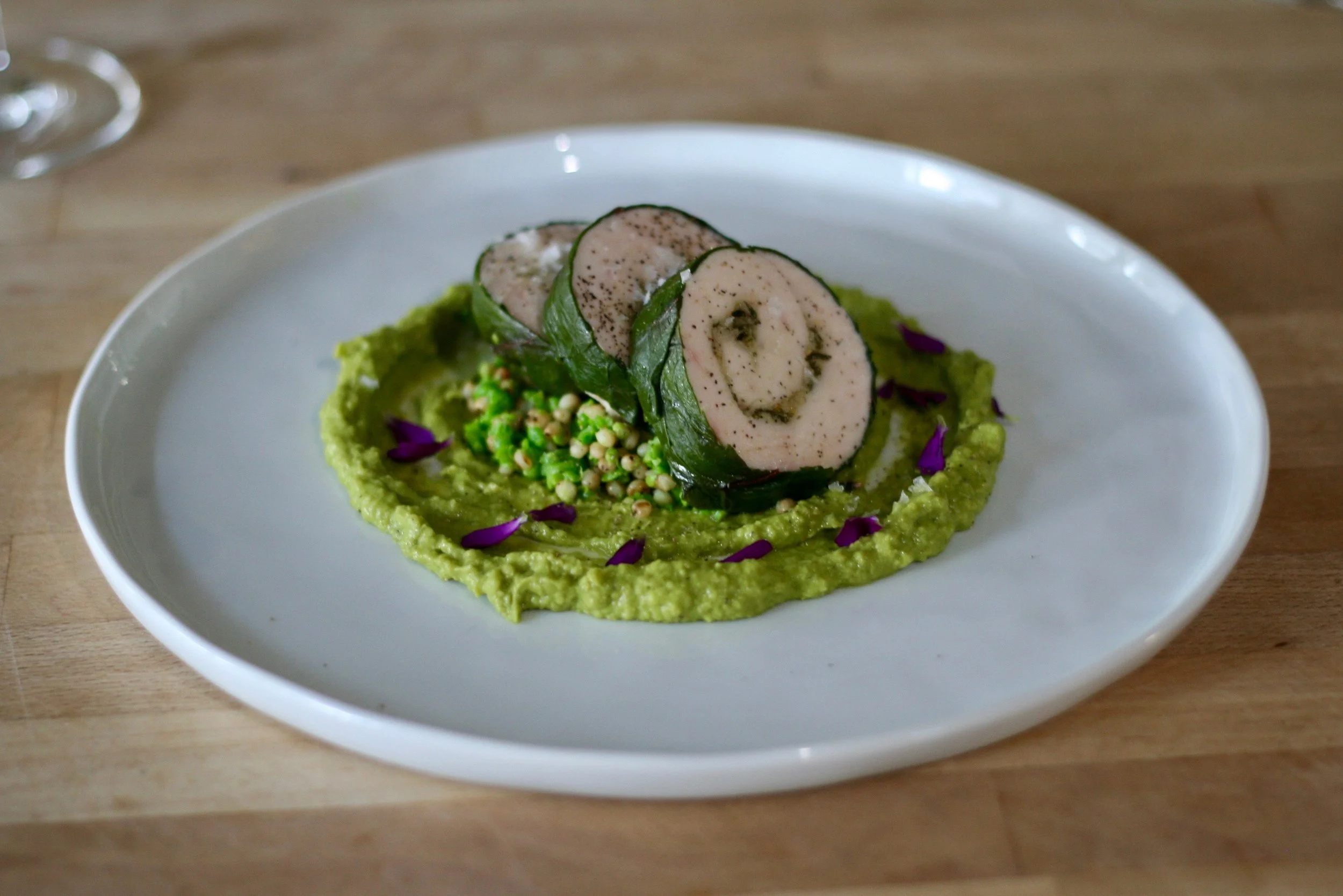 Chicken roulade / avocado / pea / mint / sorghum