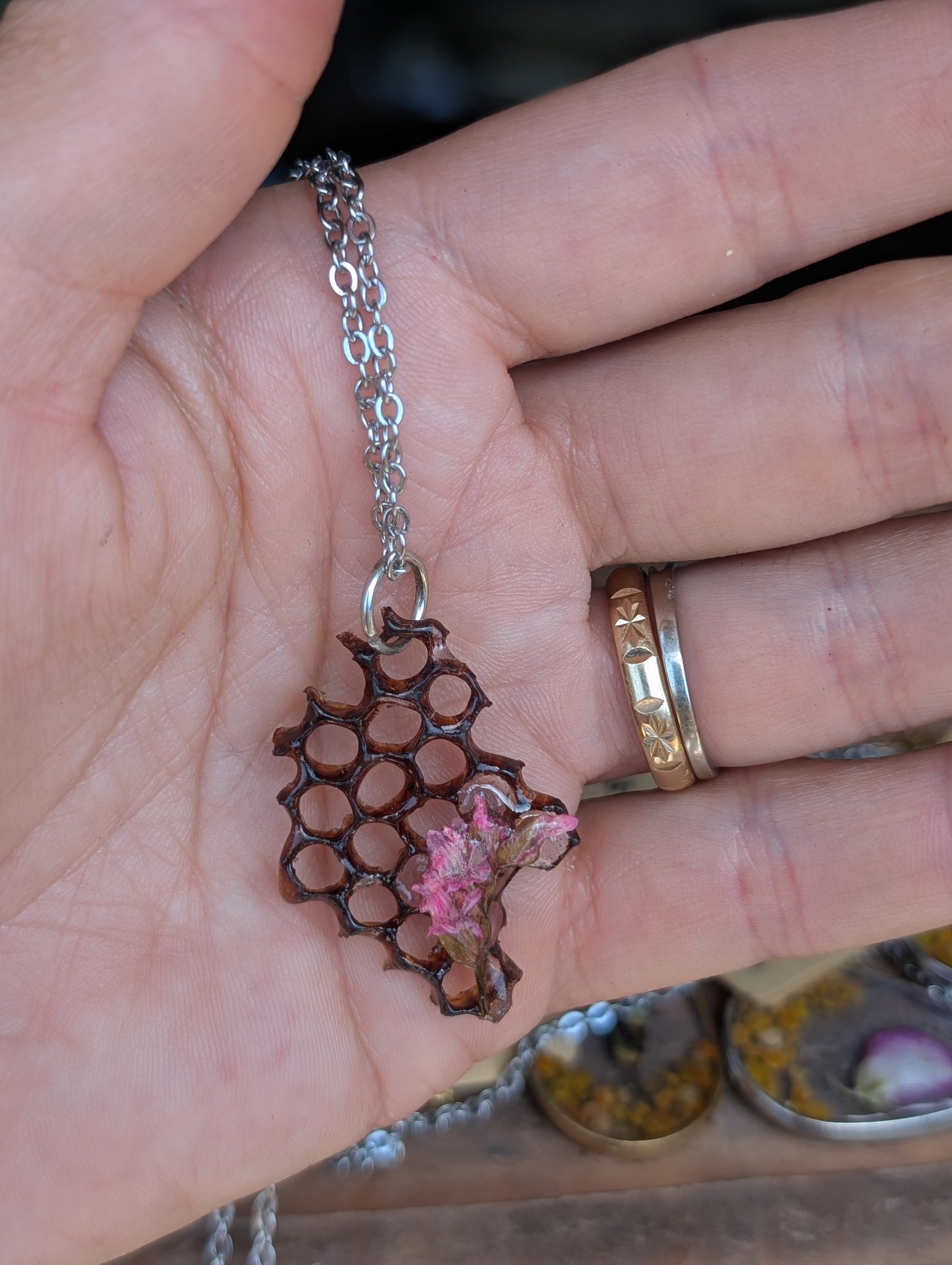 Silver Honeycomb & Pink Flower Necklace