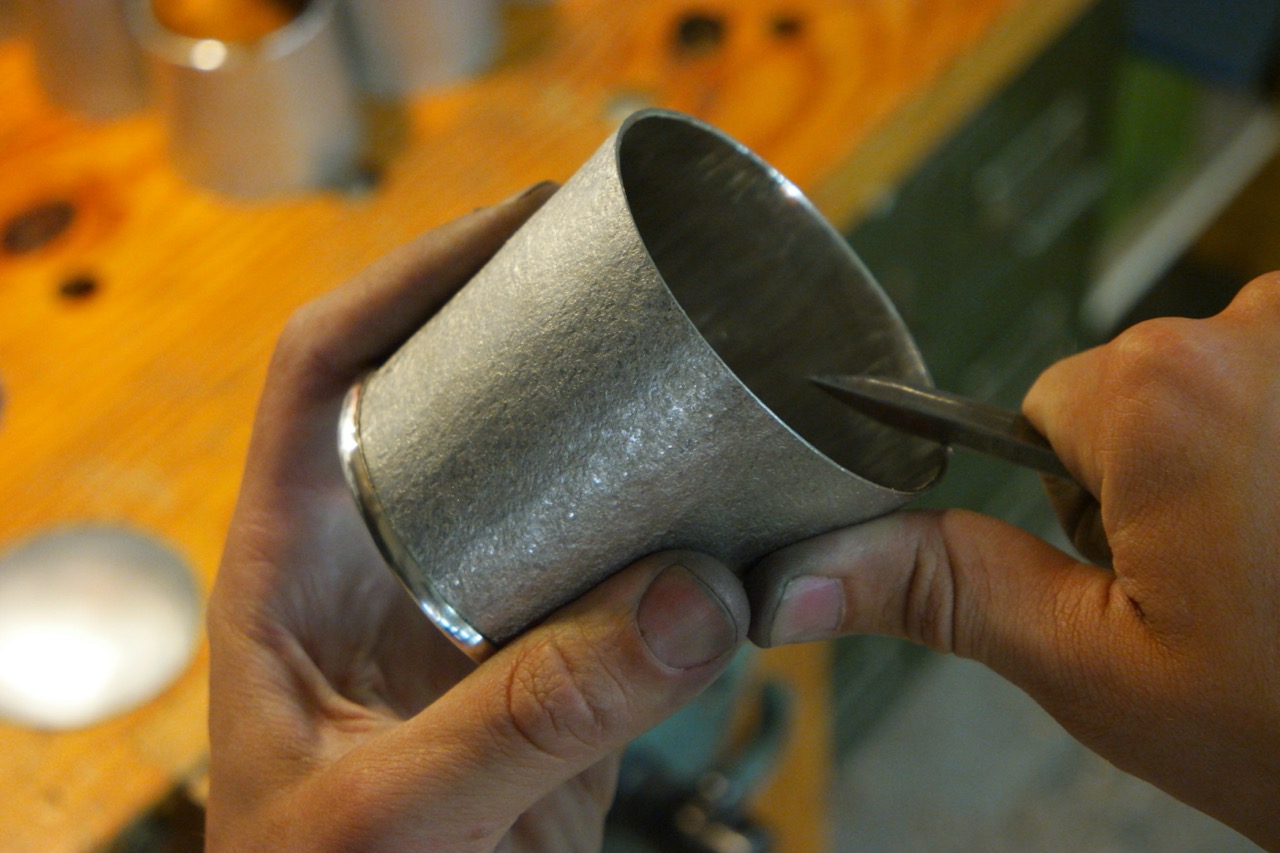  The bottom edge is beveled to accept the domed disk that will make the bottom of the cup. 