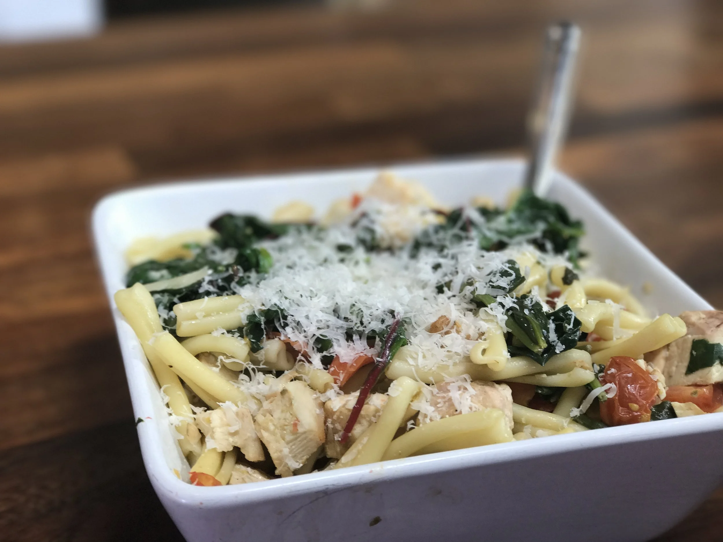 PASTA WITH CHICKEN AND WILTED GREENS