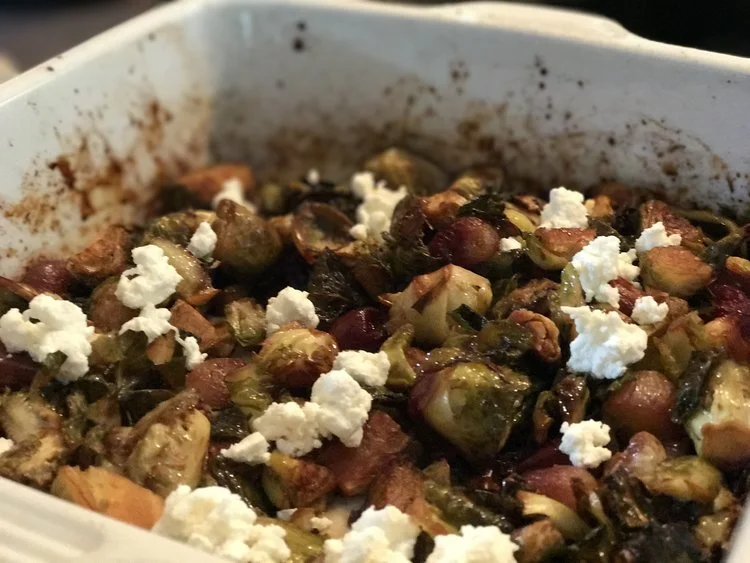 Roasted Balsamic Brussels Sprouts with Grapes and Goat Cheese