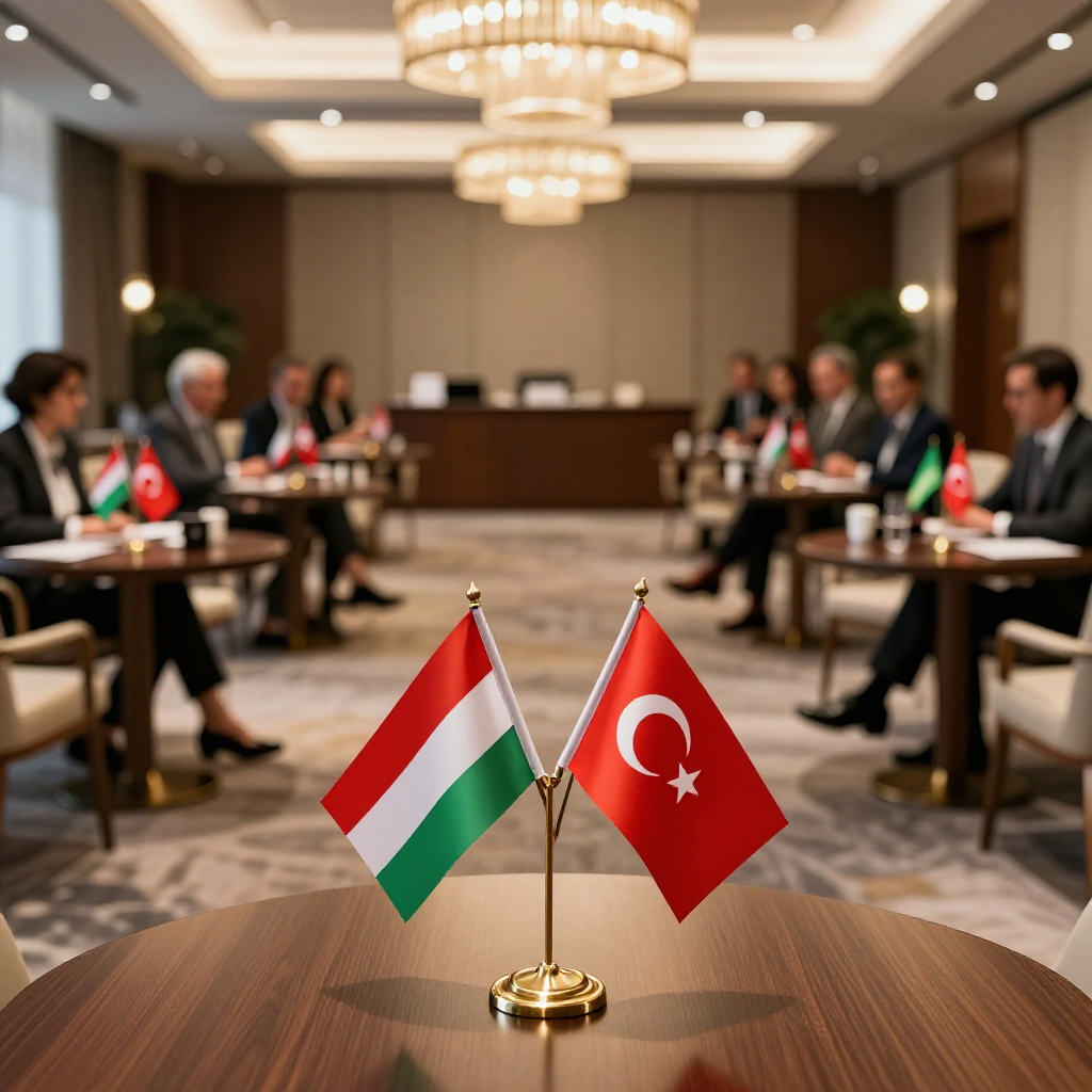 Turkish-Hungarian flag in a trade delegation room setting
