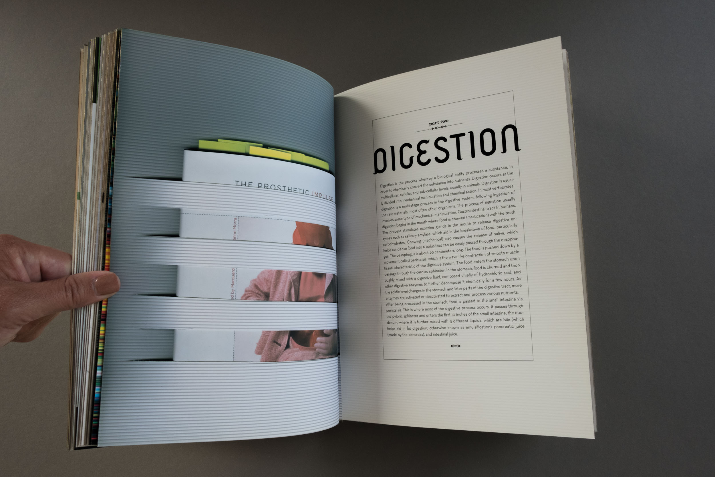Digestion is the process of breaking down ingested material into parts, deconstructing it into exposed condensed form, so that its foreign physiology may integrate more acutely with our biology. Digestion is a more advanced and invasive incorporation of foreign elements not native to the body, and as such, the contents of Part II, Digestion , are of subject matter whose post human methodology and display in the book are both more complex and interlocked.