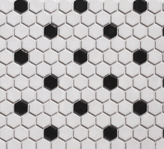 Shower floor tile Carrara White Hexagon Marble Mosaic Create a new look for your home with this 12in. x 12in. hexagon White and Black Hexagon II Porcelain Mosaic in white. This round tile decorative serves as a unique focal point. This tile decorative has a smooth texture for a uniformed look. The right kind of tile decorative can add a colorful and artistic boost to the rooms in your home. Tiles are an easy way to make an instant impact in kitchens, bathrooms, and more.