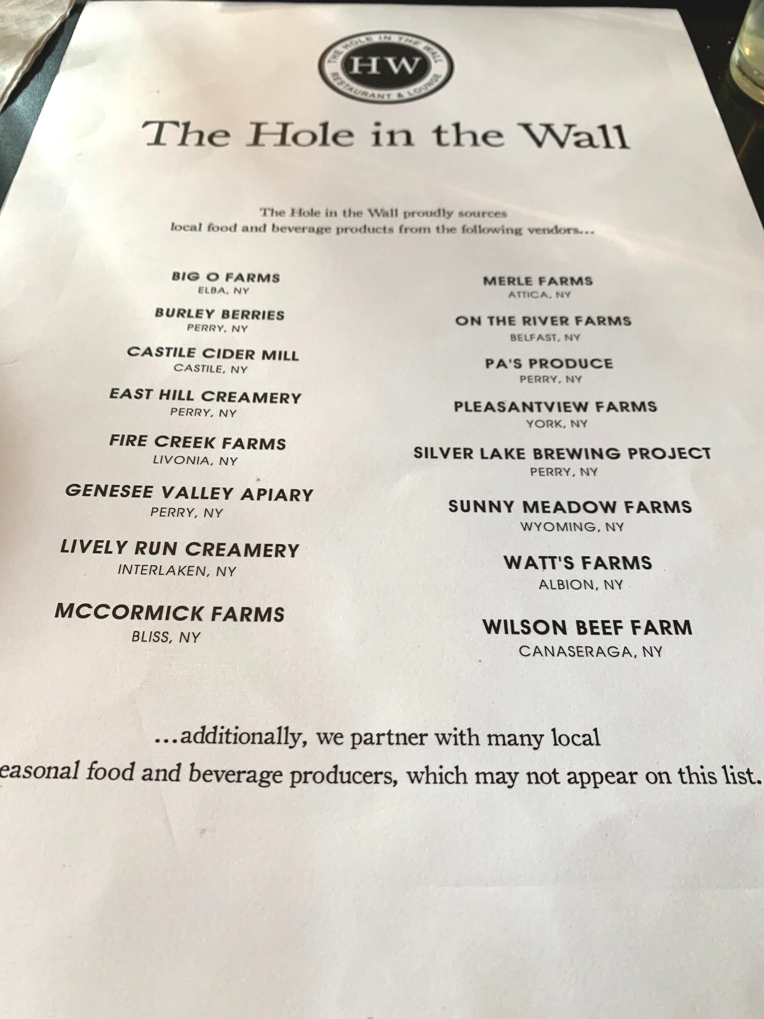 The Hole in the Wall Restaurant in Perry lists many local suppliers on their menu.