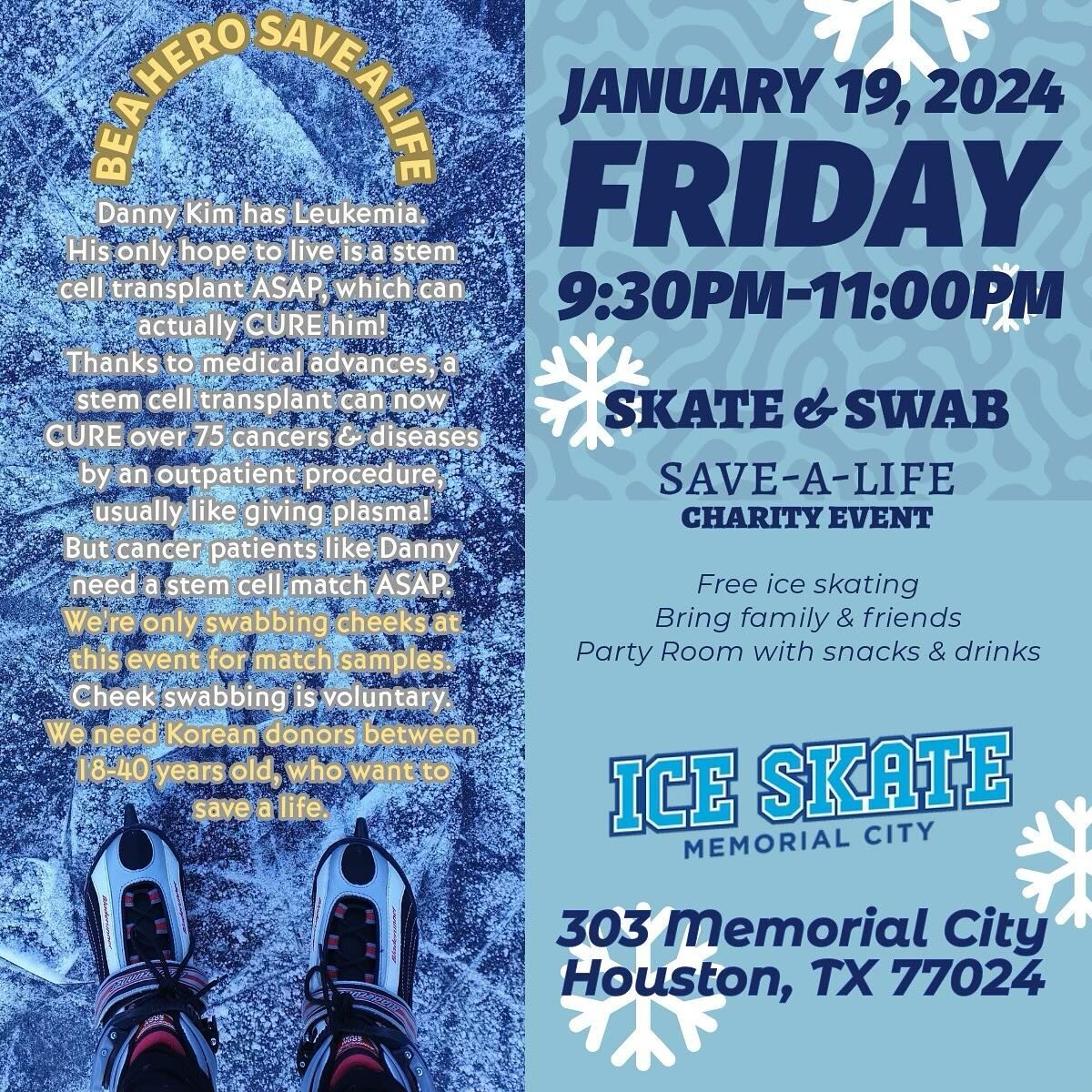 Repost @kashouston: 

Join us Friday, January 19th for the &ldquo;Skate &amp; Swab&rdquo; Event at @iceskate_memorialcity! There will be FREE ice skating, so bring your family and friends as we enjoy a night of fun on the ice AND find a stem cell mat