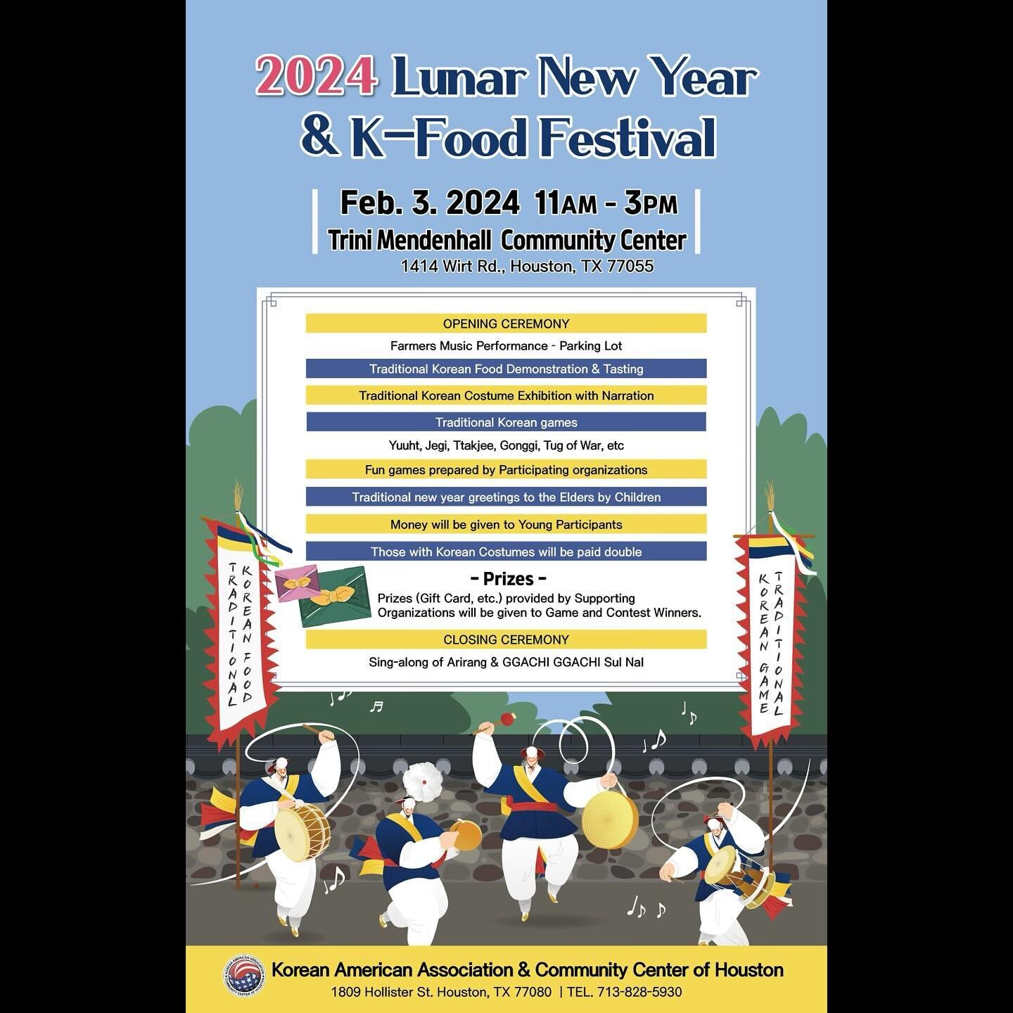 Don&rsquo;t forget about tomorrow&rsquo;s Lunar New Year celebration in the heart of Houston&rsquo;s KTown!! Sat, February 3 from 11AM to 3PM @ Trini Mendenhall Community Center, come celebrate with FREE Korean food and performances! 🇰🇷❤️

#koreanc