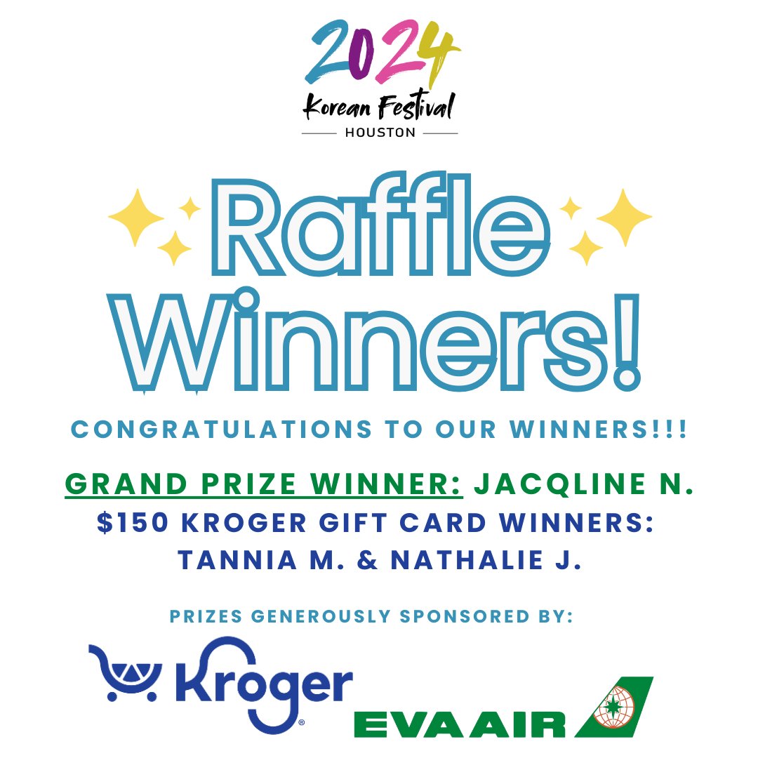 🏆Congratulations to our KFest Raffle Winners! ⁠
⁠
Grand Prize Winner of two tickets to Korea or Japan on EVA Air: Jacqline N.!⁠
Winners of $150 Kroger Gift Cards: Tannia M. &amp; Nathalie J.!⁠
⁠
Thank you to everyone who participated in our raffle! 