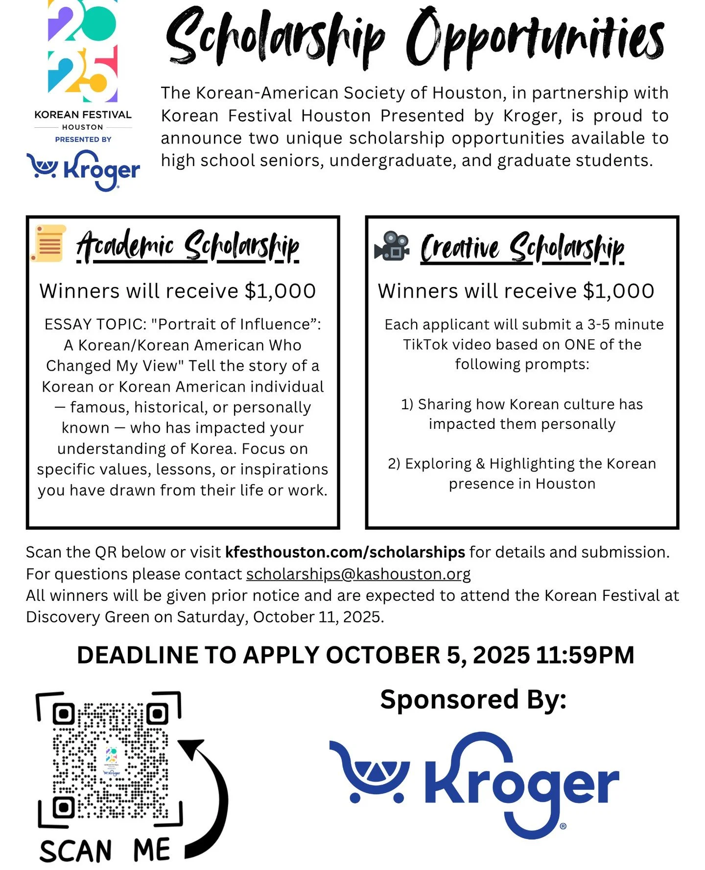 ⏲️REMINDER! The deadline for submitting scholarship applications is THIS Sunday, October 5th at 11:59 PM! This opportunity is open to Korean and non-Korean students. 💙We are fortunate to have the support of our generous sponsors at @krogerco, who ha