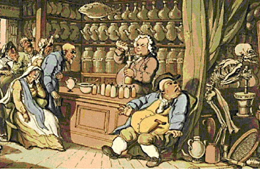 Thomas Rowlandson’s illustration aptly entitled ‘ Death and the Apothecary ’ or ‘ The Quack Doctor ’ (note flying fish!)