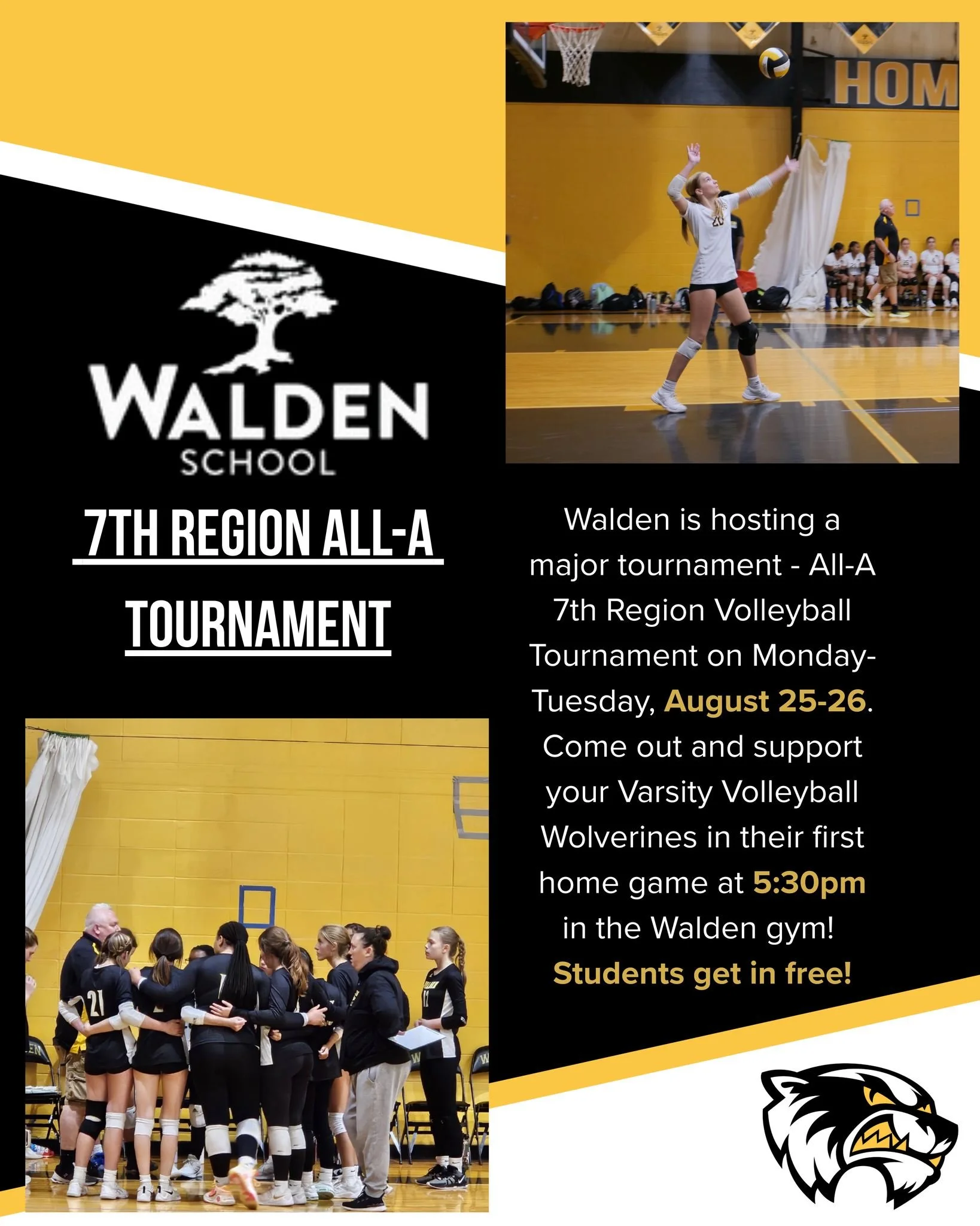 🏐💛 Join us this Monday, August 26th for the first Varsity Volleyball home game of the season! Cheer on your Wolverines as they compete in the 7th Region All-A Tournament &mdash; game starts at 5:30pm. 🐾 Free for Walden students!

👏 Big shout-out 