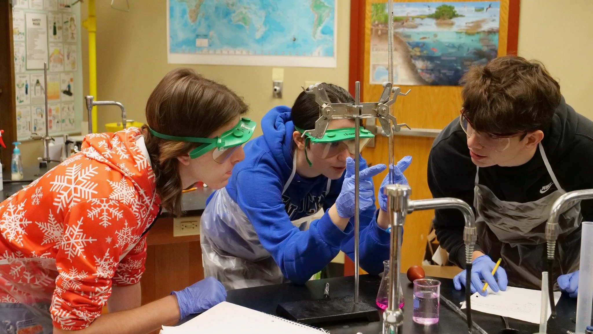 In AP Chemistry, students tackled a rigorous titration lab using hydrochloric acid to determine molarity, applying advanced analytical skills, mathematical reasoning, and careful technique. This lab mirrors the type of work students encounter in univ