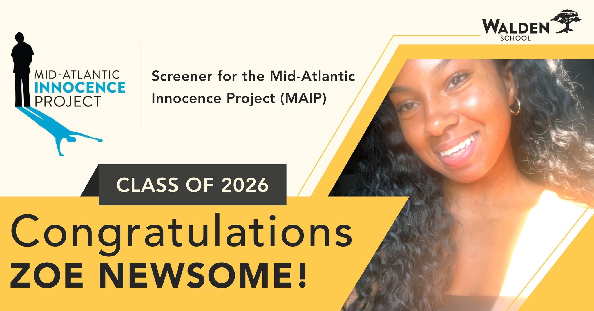 🎉👏 Congratulations to Zoe Newsome, Class of 2026! Zoe serves as a screener for the Mid-Atlantic Innocence Project (MAIP) &ndash; screeners review and analyze hundreds of requests for legal assistance each year to identify potential wrongful convict
