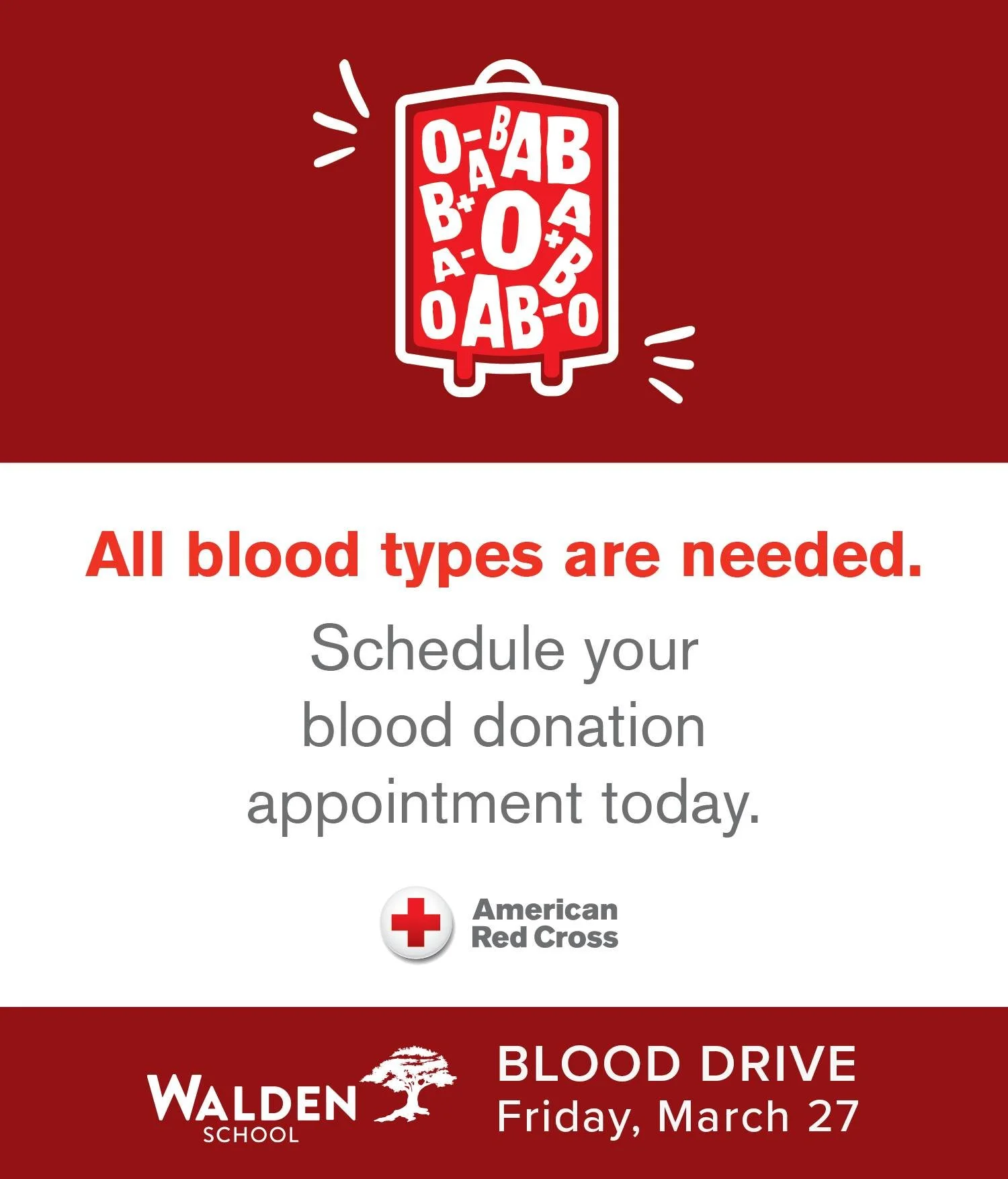 📣 Attention, Walden Parents! Have you signed up to donate blood yet? ❤️ Our American Red Cross Blood Drive is happening this Friday, March 27&mdash;and we need YOU!

DONATE BLOOD: bit.ly/waldenblooddrive

✨ Bonus: The class with the highest percenta