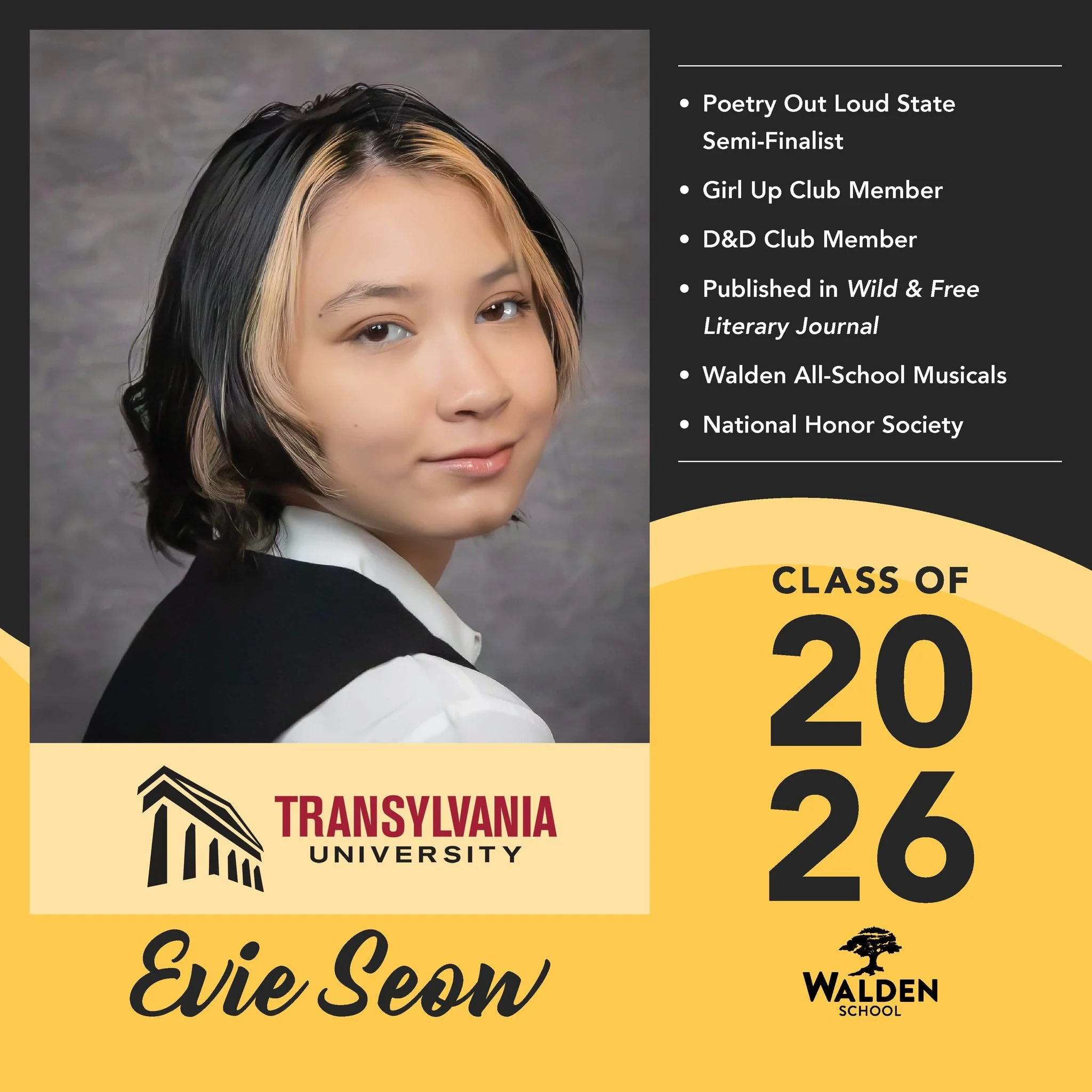 🎓 Today&rsquo;s Senior Spotlight: Evie Seow, a talented and dedicated senior who has shone at Walden through performance, creativity, and academic excellence!

Evie was a Poetry Out Loud State Semi-Finalist 🎤, is a member of the Girl Up Club 🌍 and