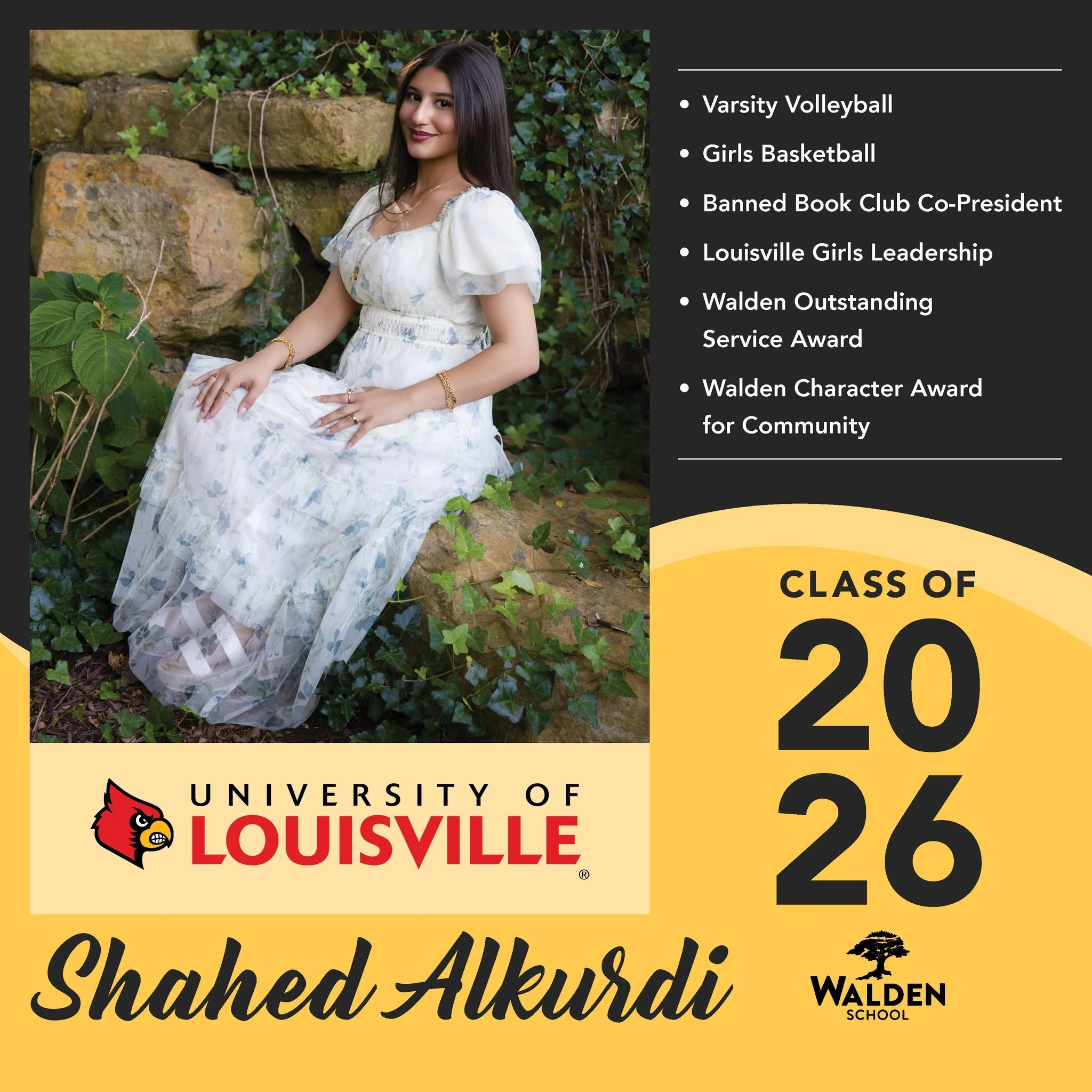 🎓 Senior Spotlight: Shahed Alkurdi! A leader, teammate, and advocate, Shahed has made her mark on Walden in so many meaningful ways. From competing on the Varsity Volleyball 🏐 and Girls Basketball 🏀 teams to leading as Co-President of the Banned B