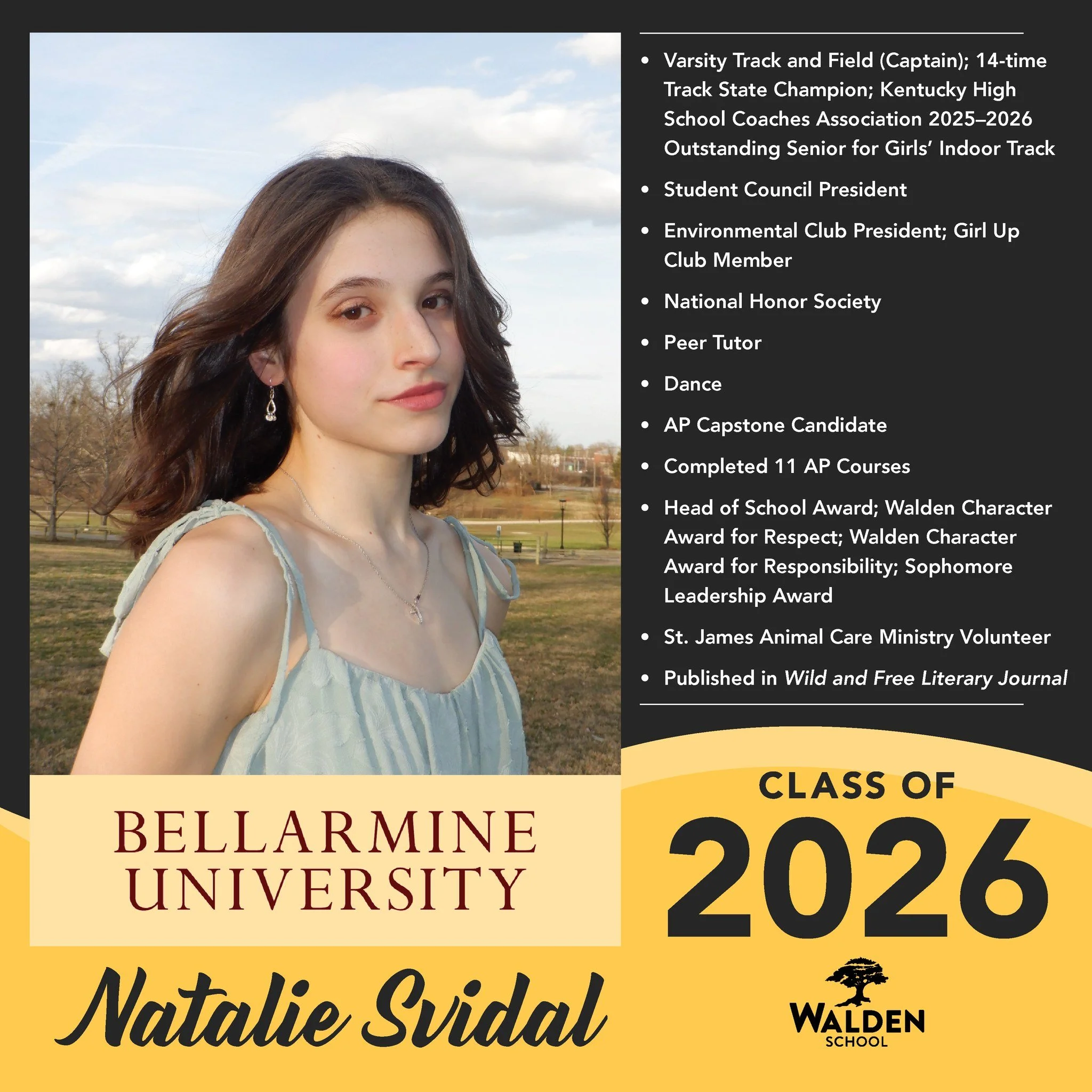 🎓 Senior Spotlight: Natalie Svidal

A true standout in every sense, Natalie has made an extraordinary impact at Walden through her leadership, academic excellence, and record-breaking athletic achievements.

As Varsity Track &amp; Field Captain 🏃&z