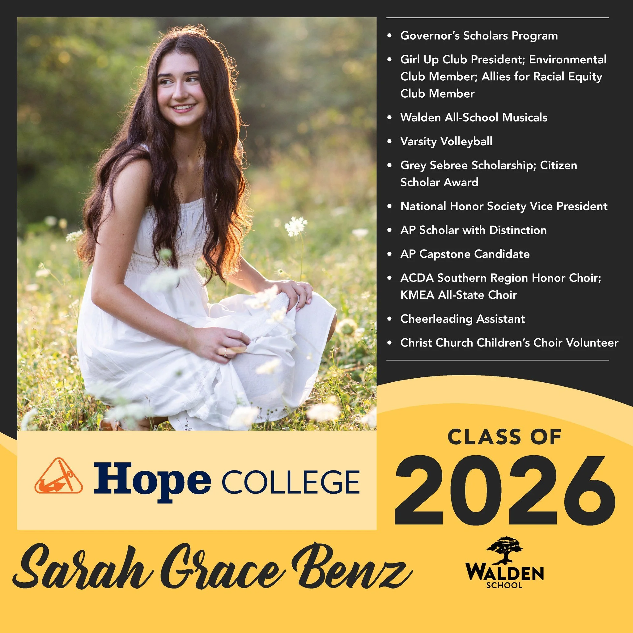 🎓 Senior Spotlight: Sarah Grace Benz!

A dedicated leader, accomplished scholar, and active member of the Walden community, Sarah Grace has made a lasting impact through her commitment to academics, service, and the arts.

Sarah Grace&rsquo;s academ