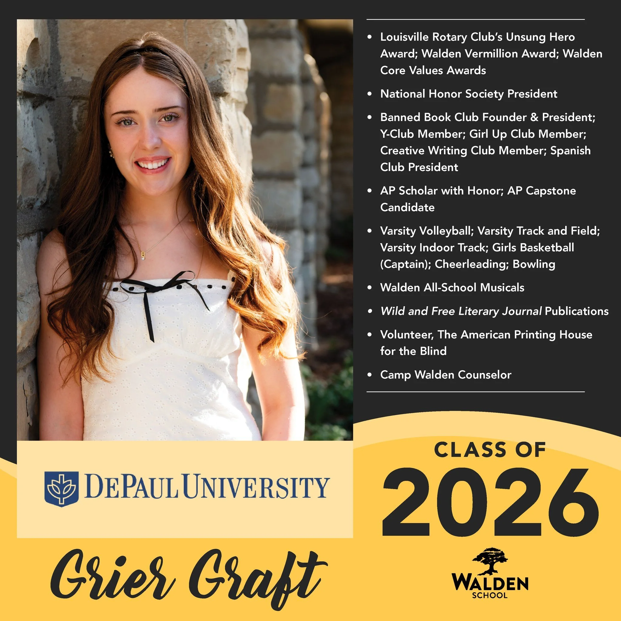 🎓 Senior Spotlight: Grier Graft!

A dynamic leader, dedicated student, and active member of the Walden community, Grier has made an incredible impact through academics, athletics, the arts, and service.

Grier&rsquo;s achievements include the Louisv