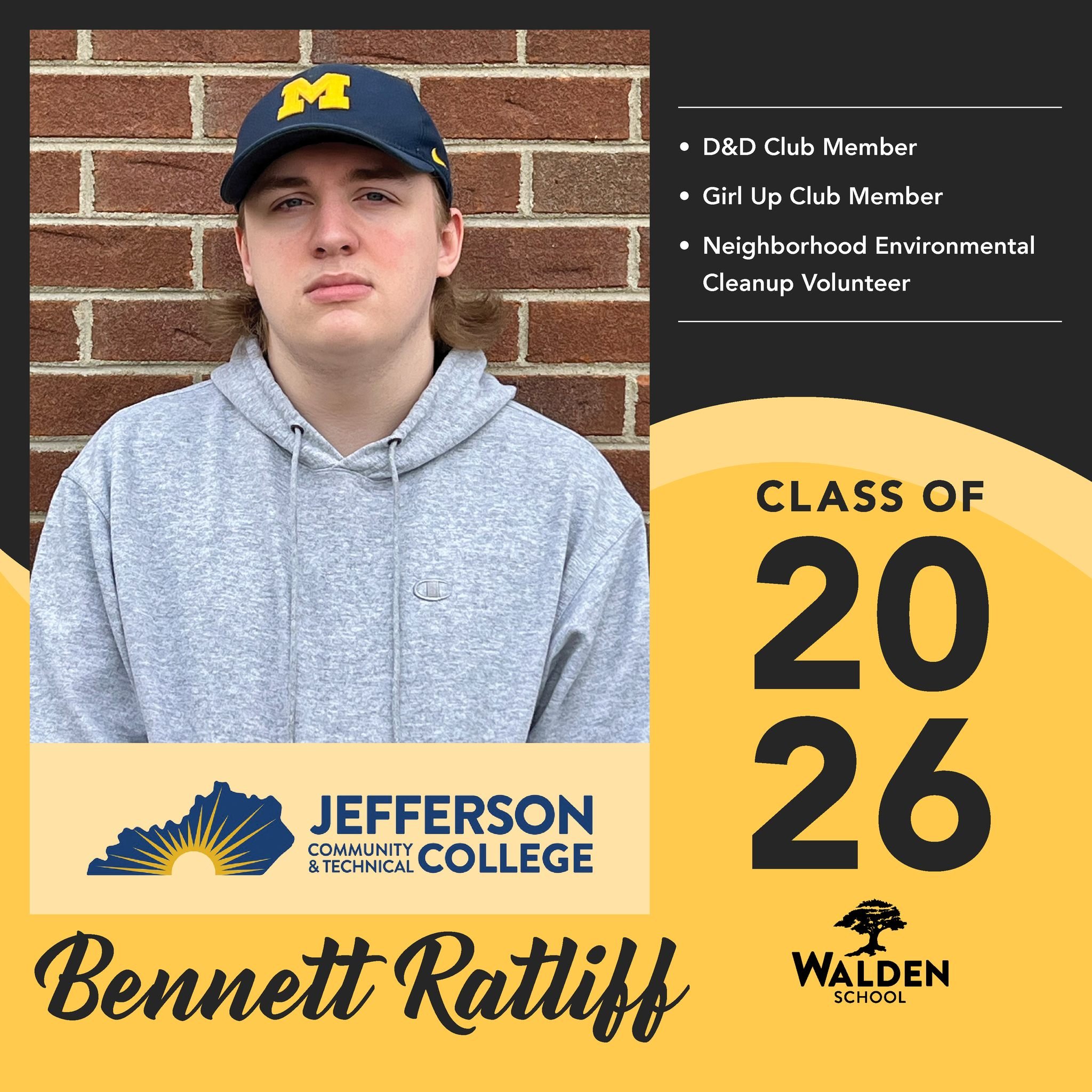 🎓 Today's Senior Spotlight is Bennett Ratliff! Bennett has made his mark in the Walden community through involvement and service, being a member of the Dungeons &amp; Dragons Club 🎲 and Girl Up Club 🌍, while also participating in neighborhood envi