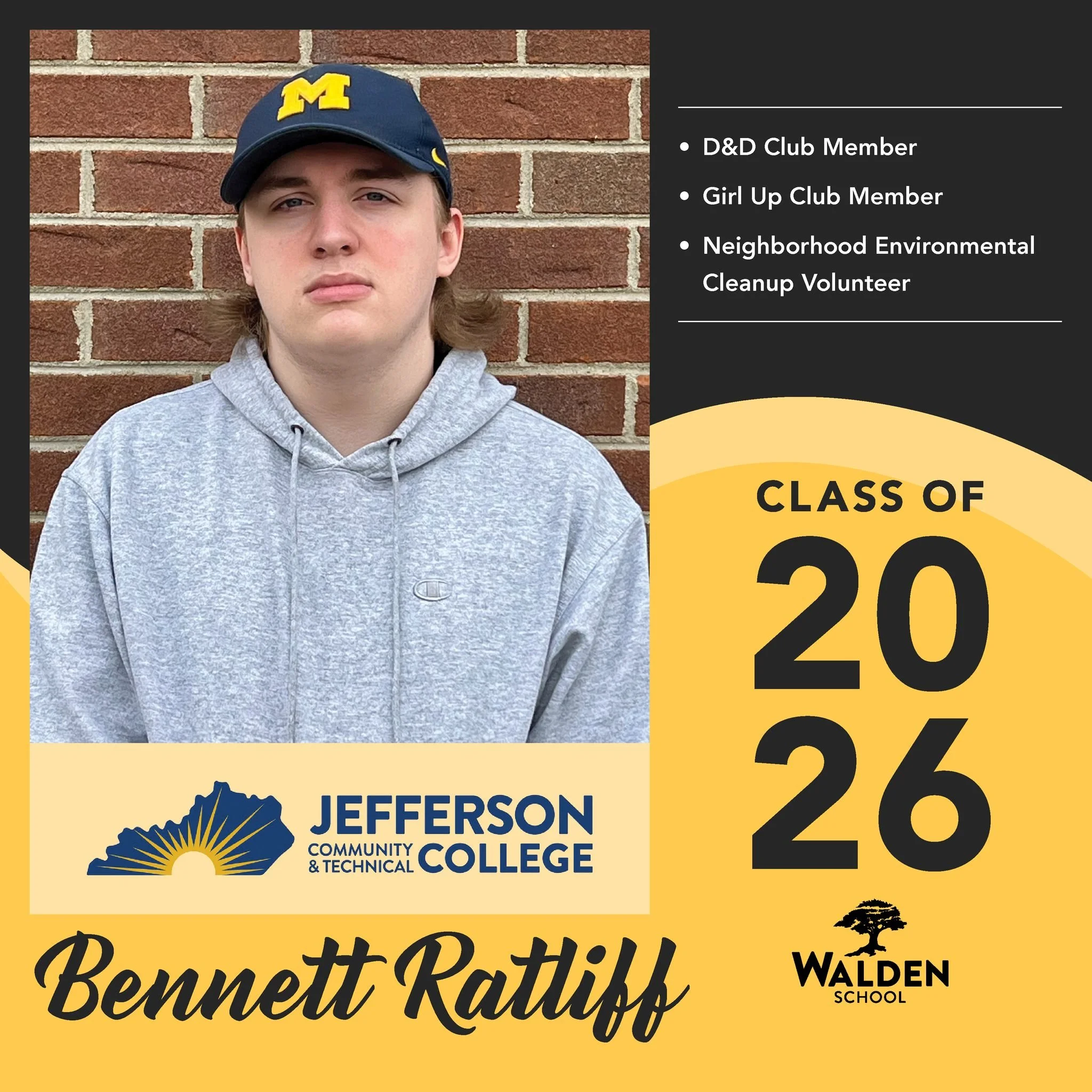 🎓 Today's Senior Spotlight is Bennett Ratliff! Bennett has made his mark in the Walden community through involvement and service, being a member of the Dungeons &amp; Dragons Club 🎲 and Girl Up Club 🌍, while also participating in neighborhood envi